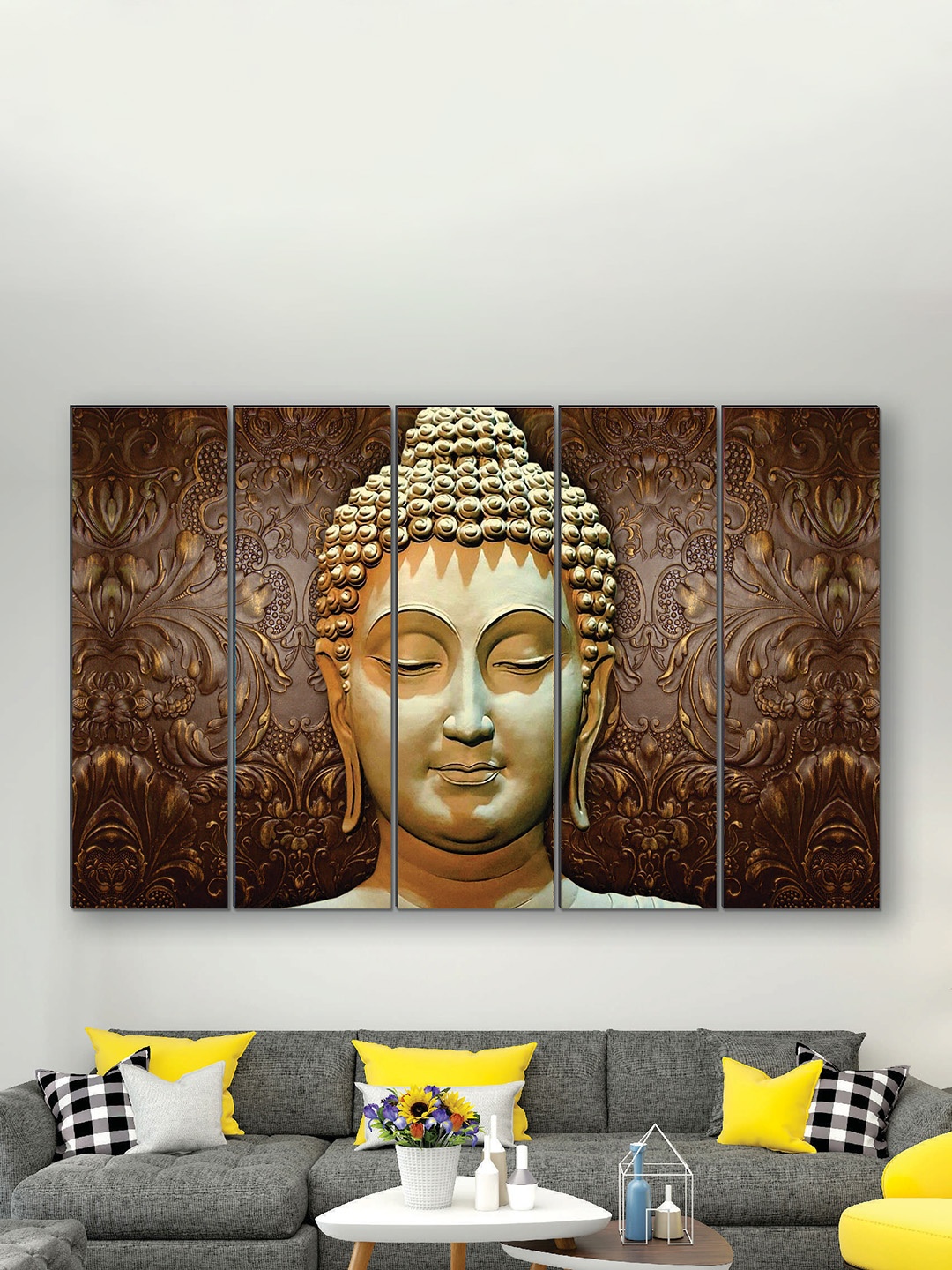 

SAF Brown & Yellow 5 Pieces Buddha UV Textured MDF Wall Art Painting