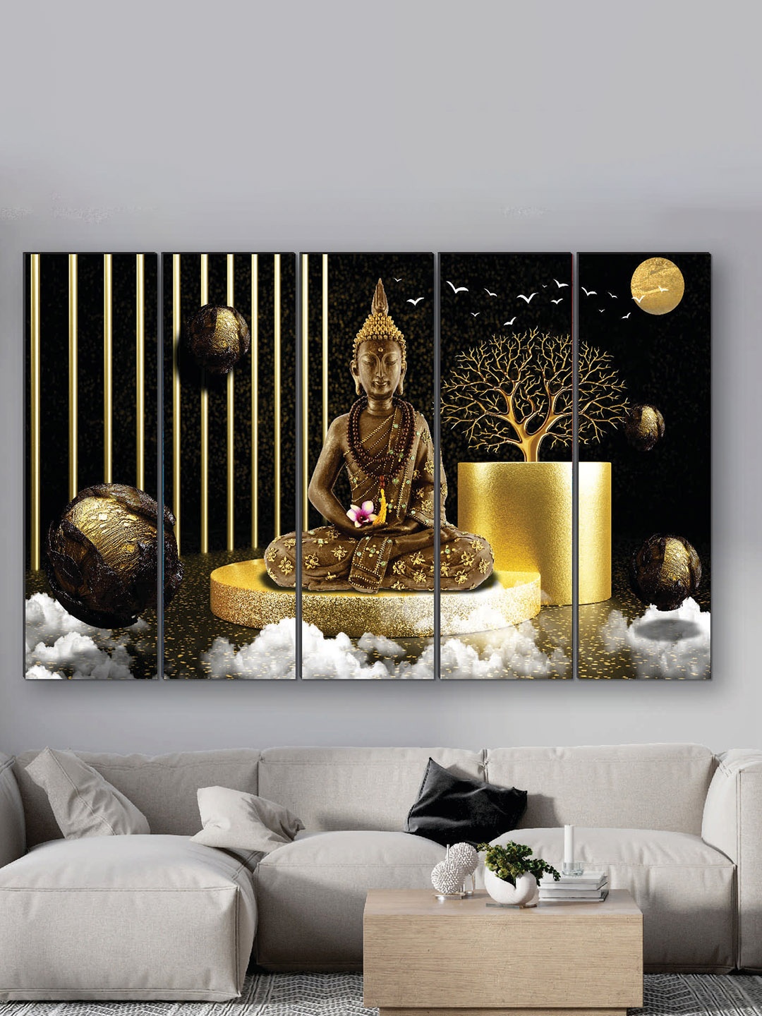 

SAF Black & Gold Toned 5 Pieces Buddha UV Textured MDF Wall Art Painting