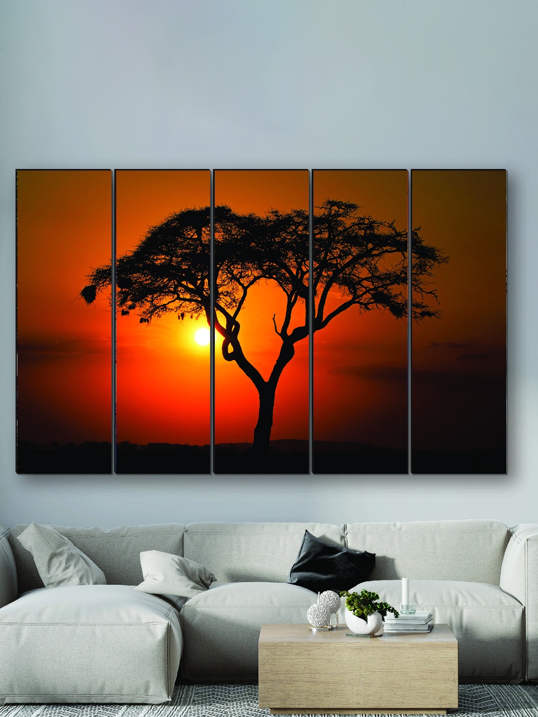 

SAF Black & Red 5 Pieces Nature Scenery UV Textured MDF Wall Art Painting