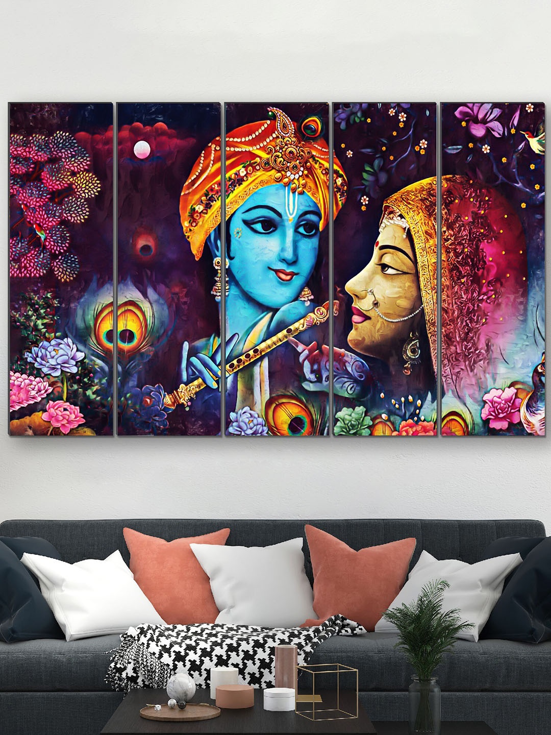 

SAF Blue & Yellow 5 Pieces Radha Krishna UV Textured MDF Wall Art Painting