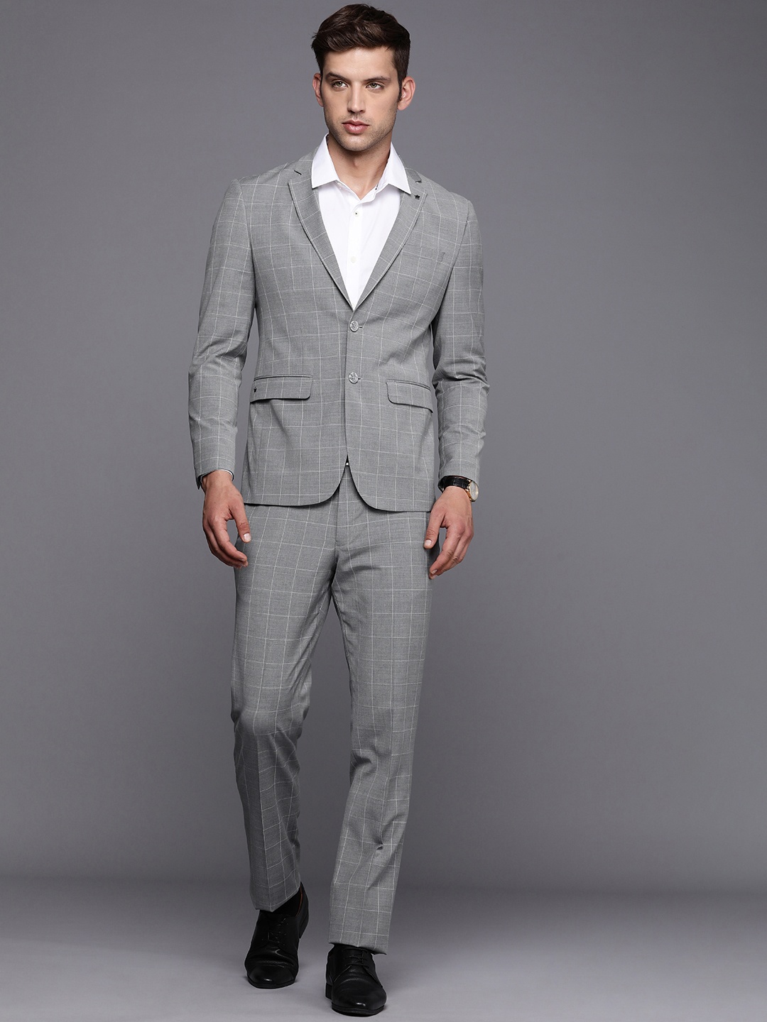 

Louis Philippe Men Checked Slim-Fit Single-Breasted Two-Piece Formal Suit, Grey