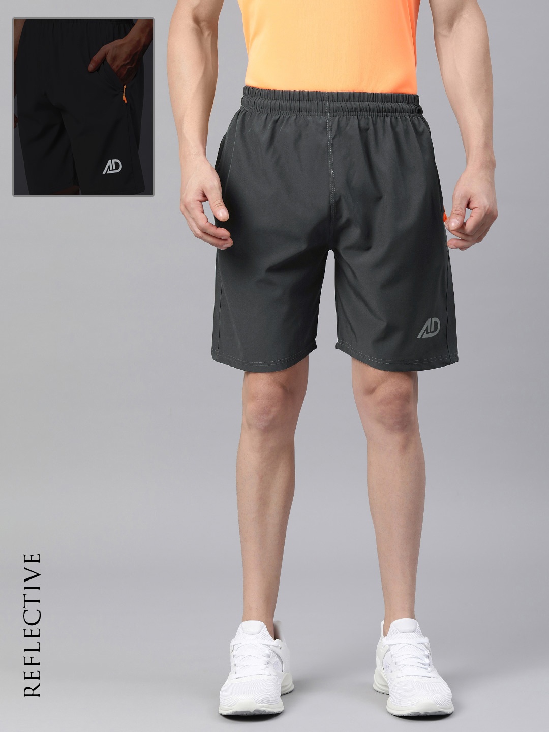 ADBUCKS Running Sports Shorts with Reflective Logo, Grey