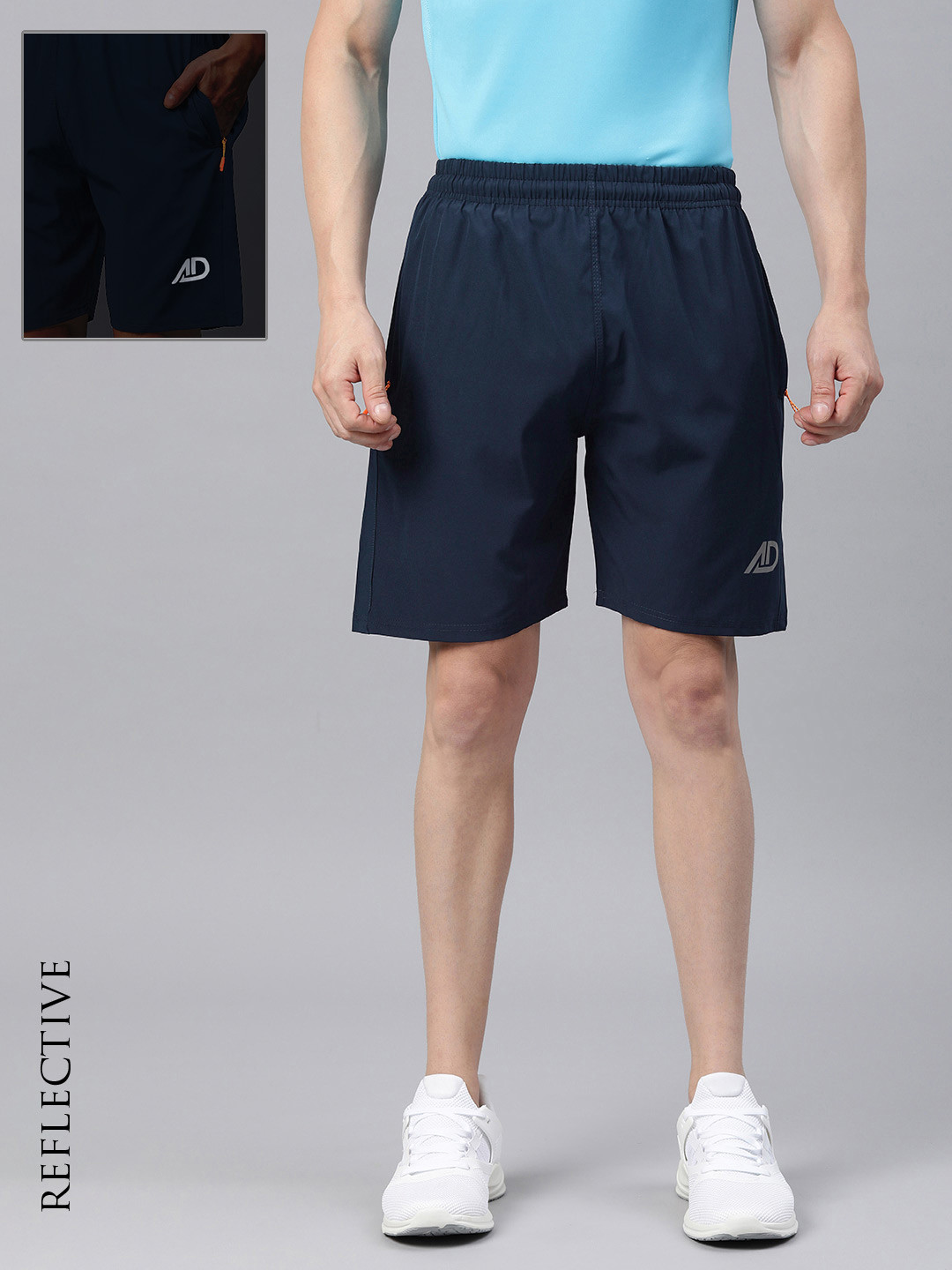 

ADBUCKS Solid Running Sports Shorts with Reflective Logo, Navy blue