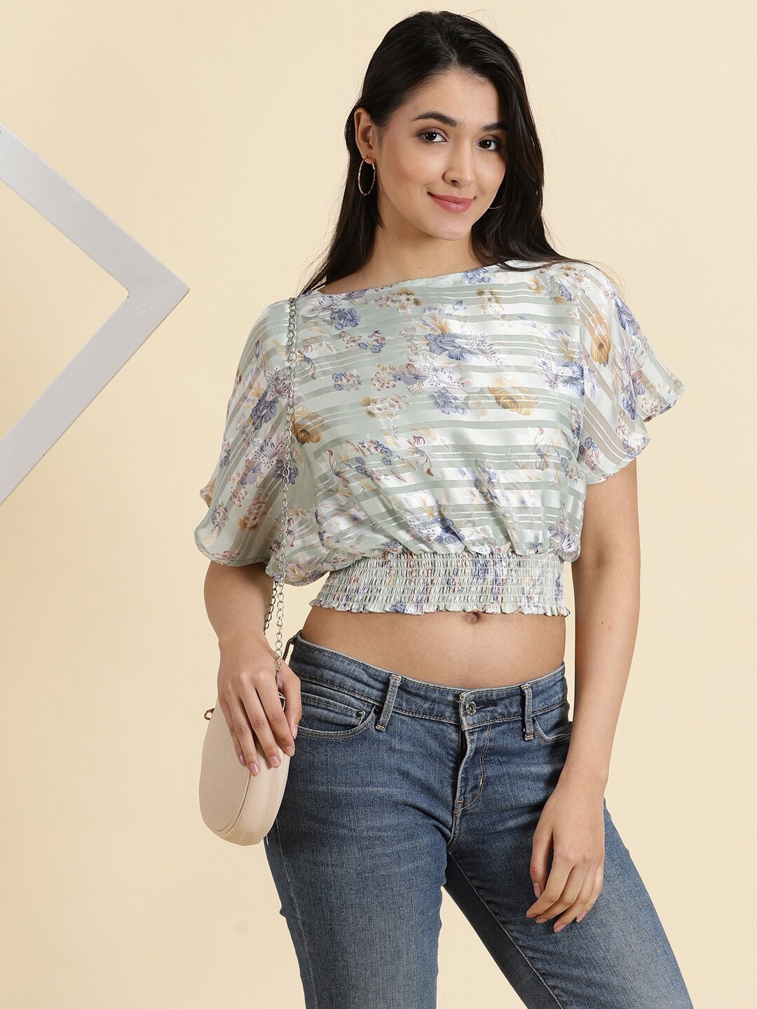 

SHOWOFF Floral Printed Smocked Cinched Waist Crop Top, Sea green