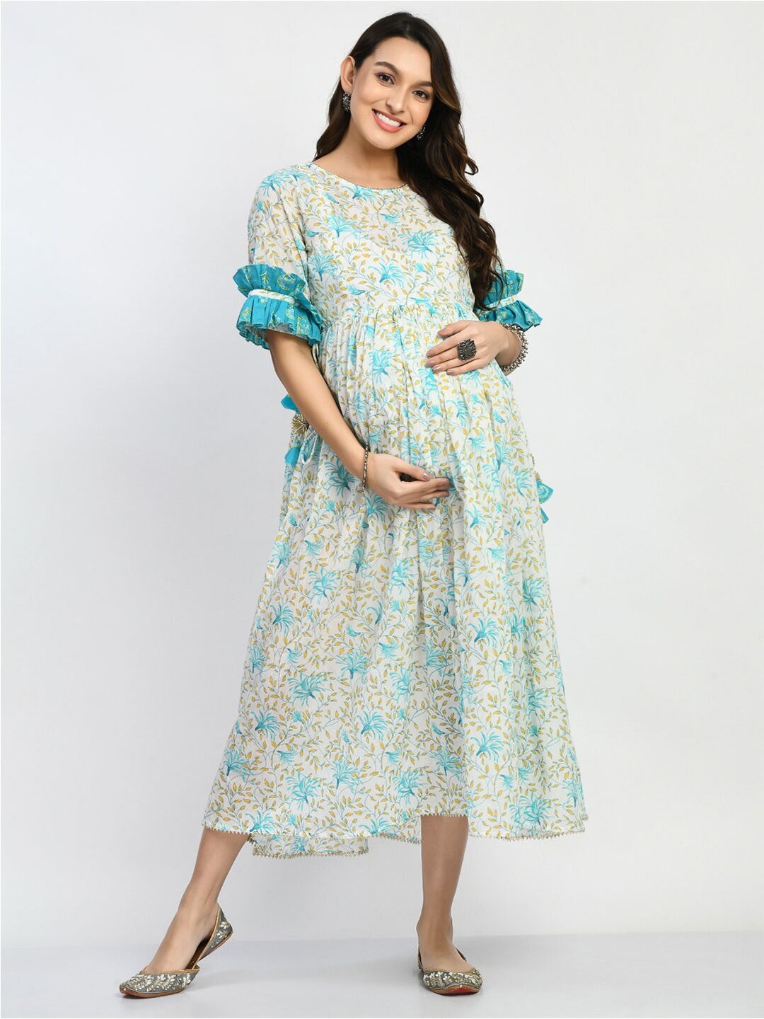 

MAFE Floral Printed Bell Sleeves Maternity Fit & Flare Midi Ethnic Dress, Off white