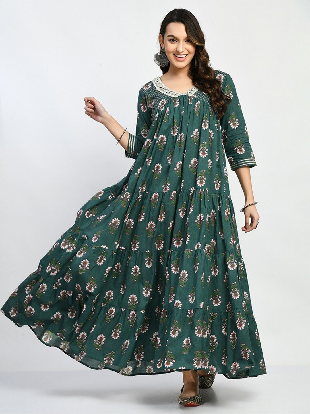 

MAFE Floral Printed V-Neck Tiered Empire Ethnic Dress, Green
