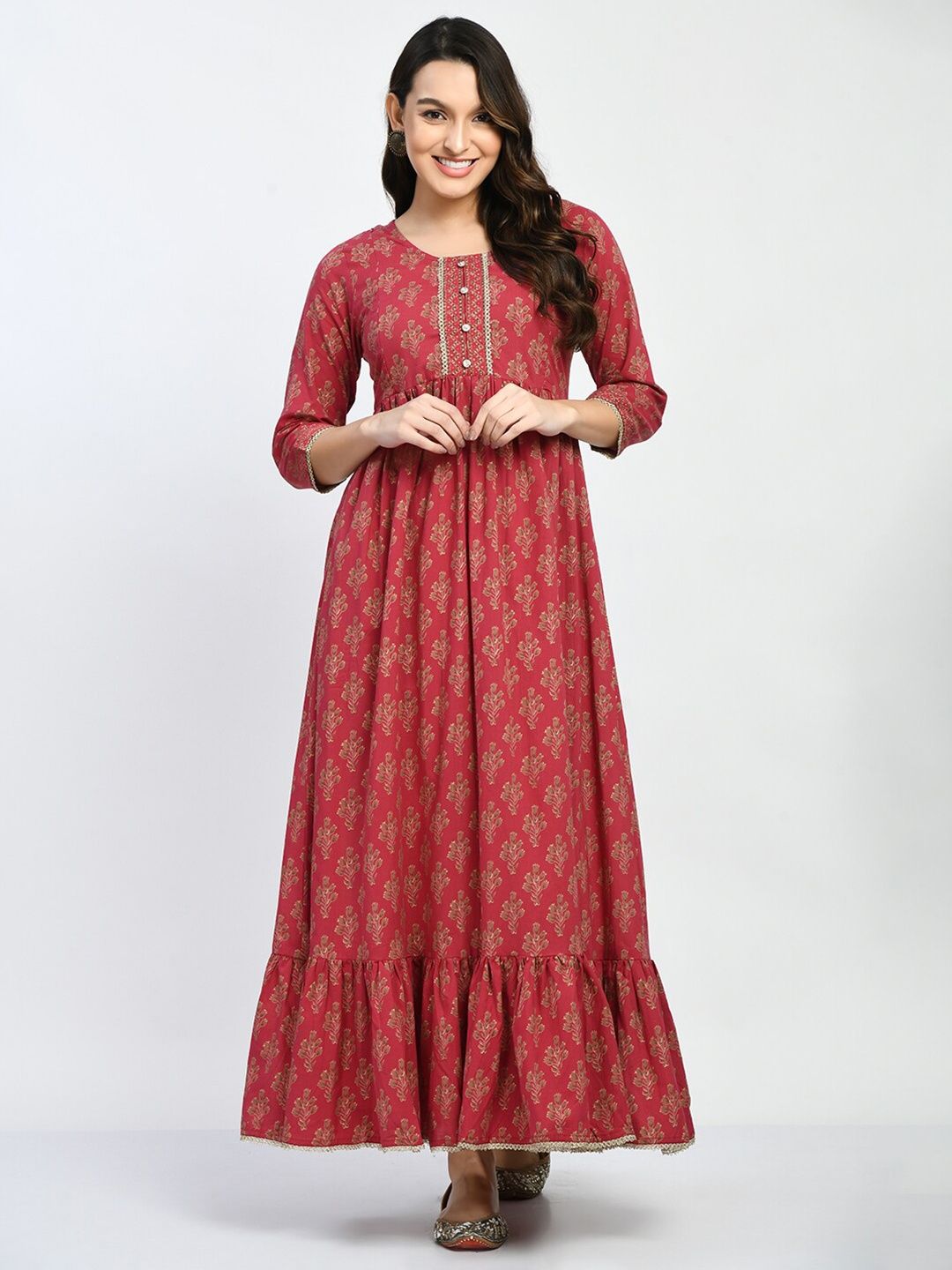 

MAFE Floral Printed Maternity Fit & Flare Maxi Ethnic Dress, Maroon
