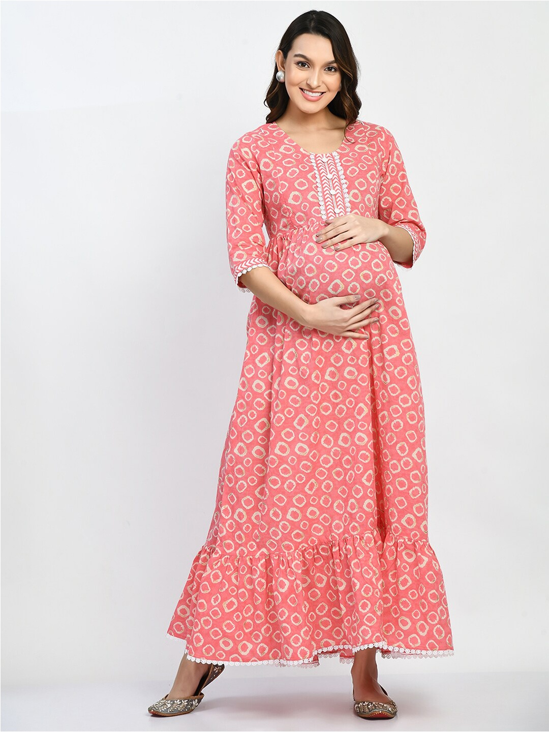 

MAFE Geometric Printed Maternity Fit & Flare Maxi Ethnic Dress, Peach