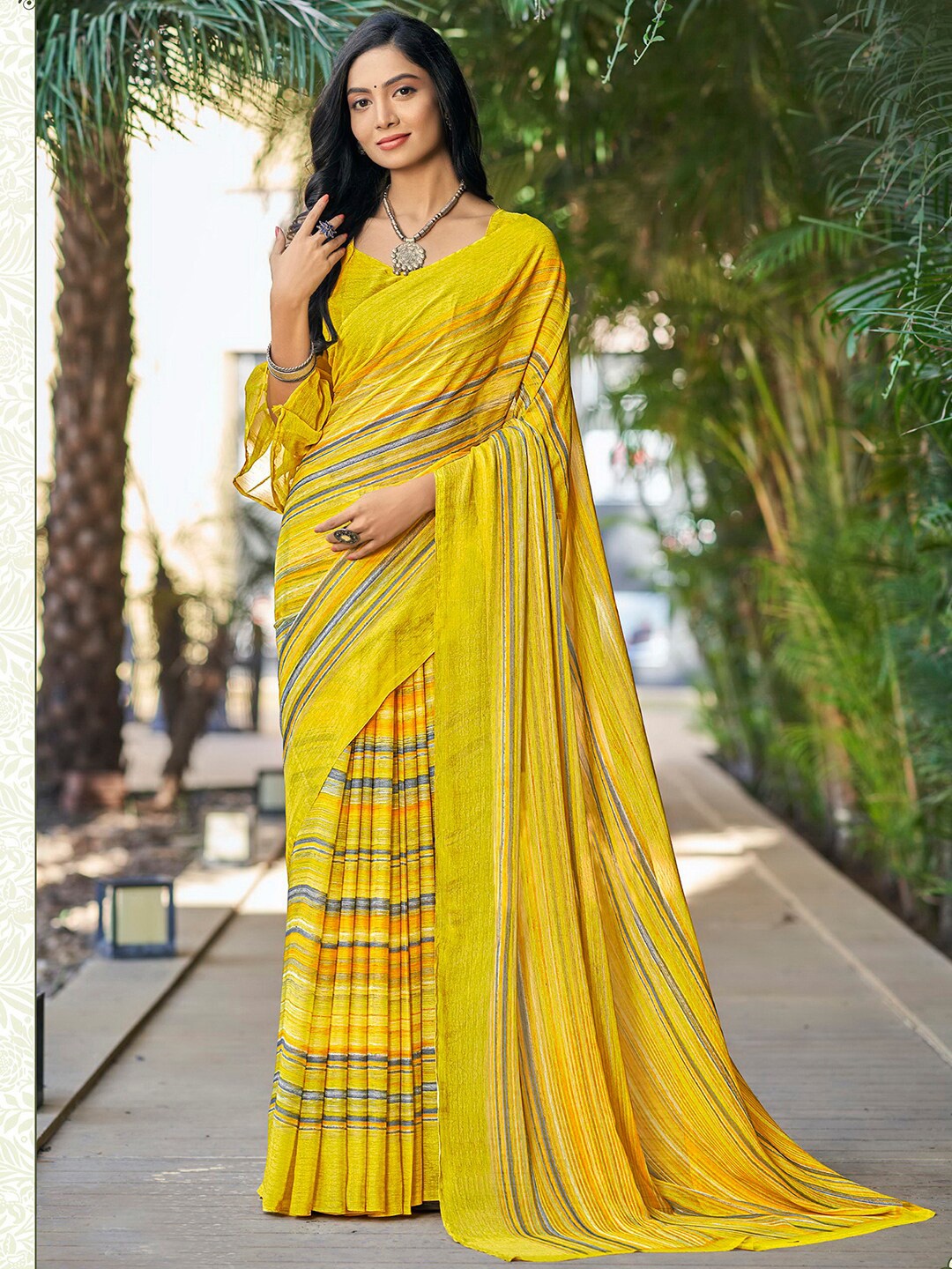 

Satrani Yellow & Grey Striped Pure Chiffon Saree