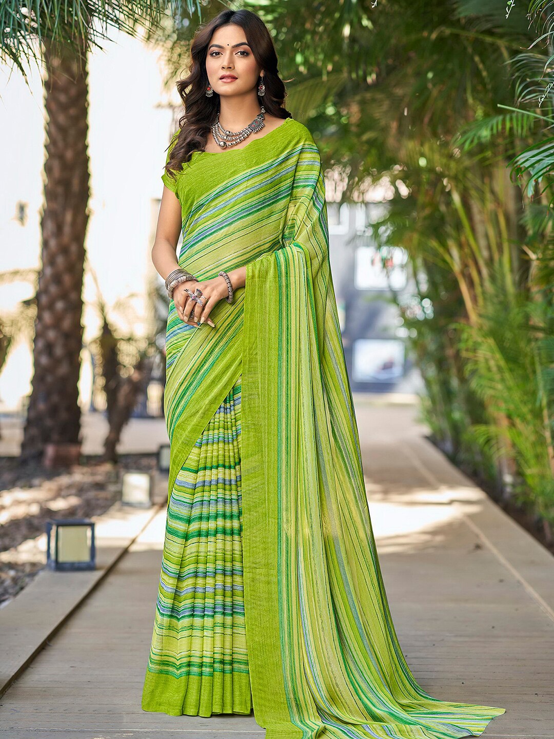 

Satrani Green & Blue Striped Pure Chiffon Saree