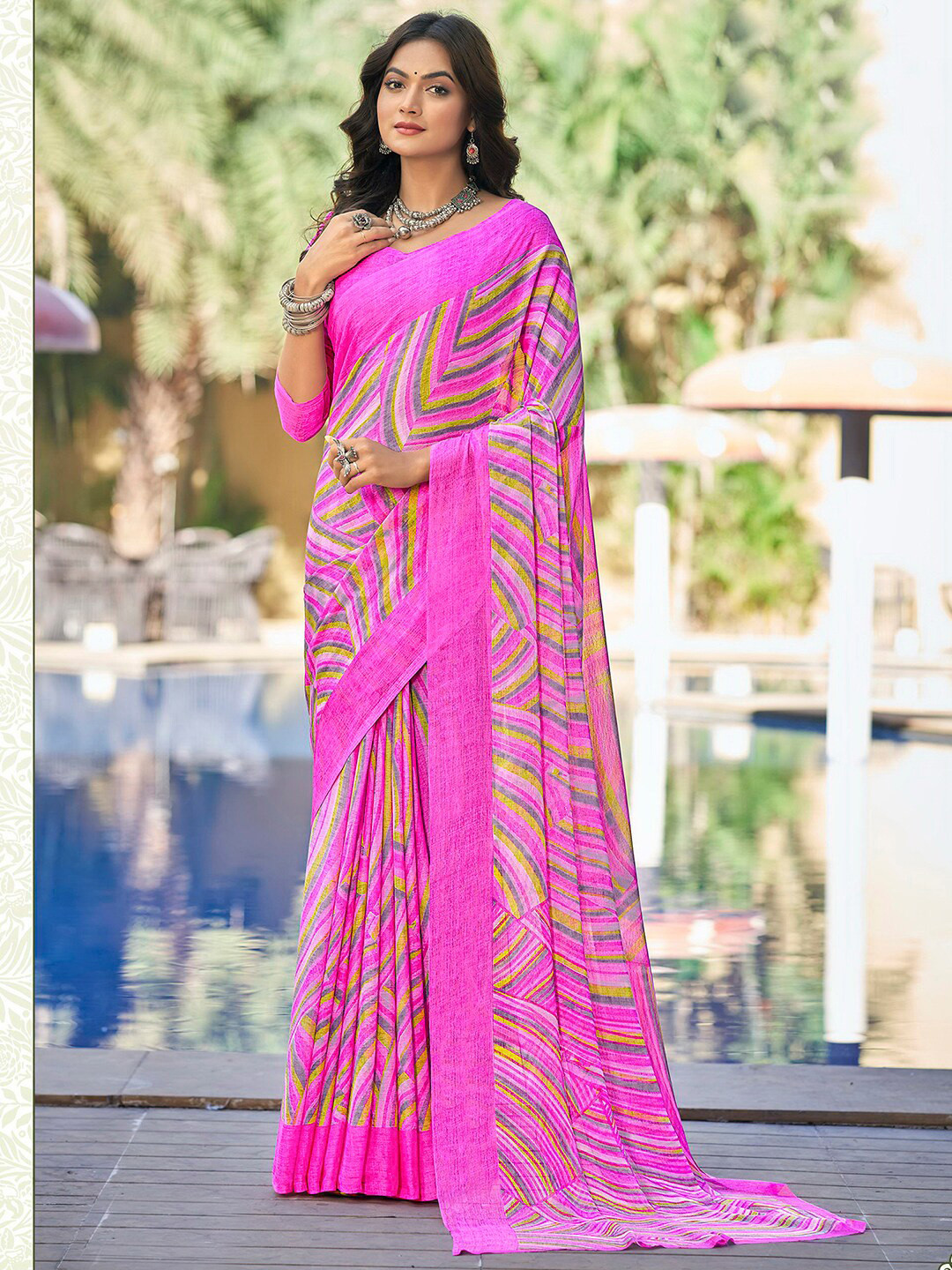 

Satrani Pink & Green Pure Chiffon Saree
