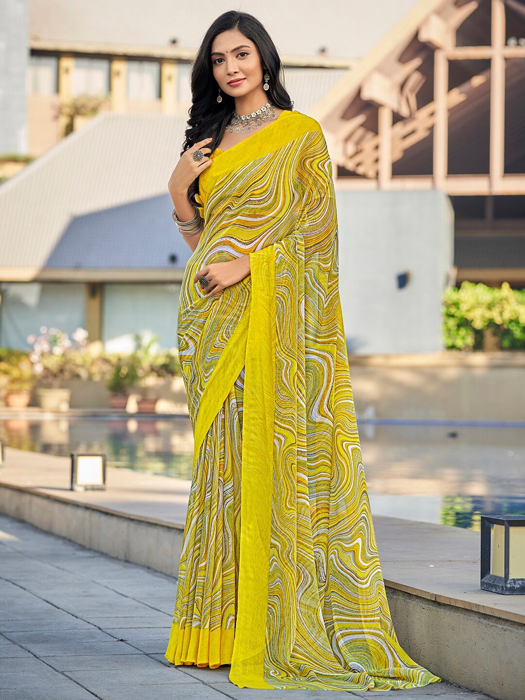 

Satrani Yellow & White Pure Chiffon Saree