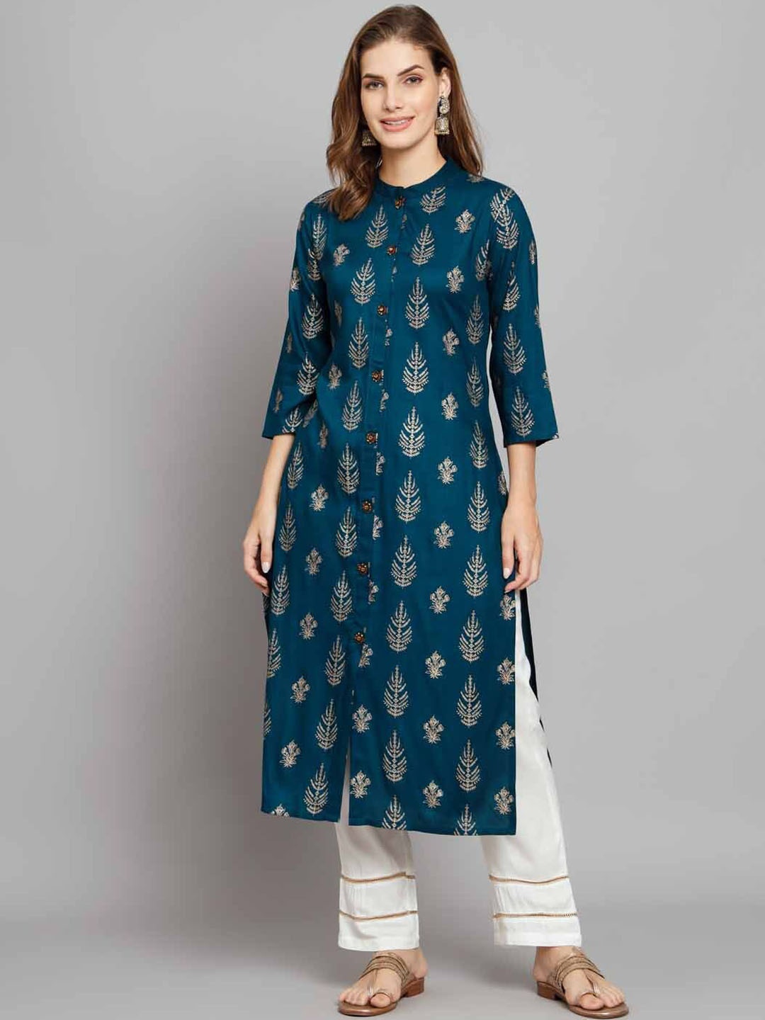 

Nehamta Floral Printed Straight Kurta with Palazzos, Teal