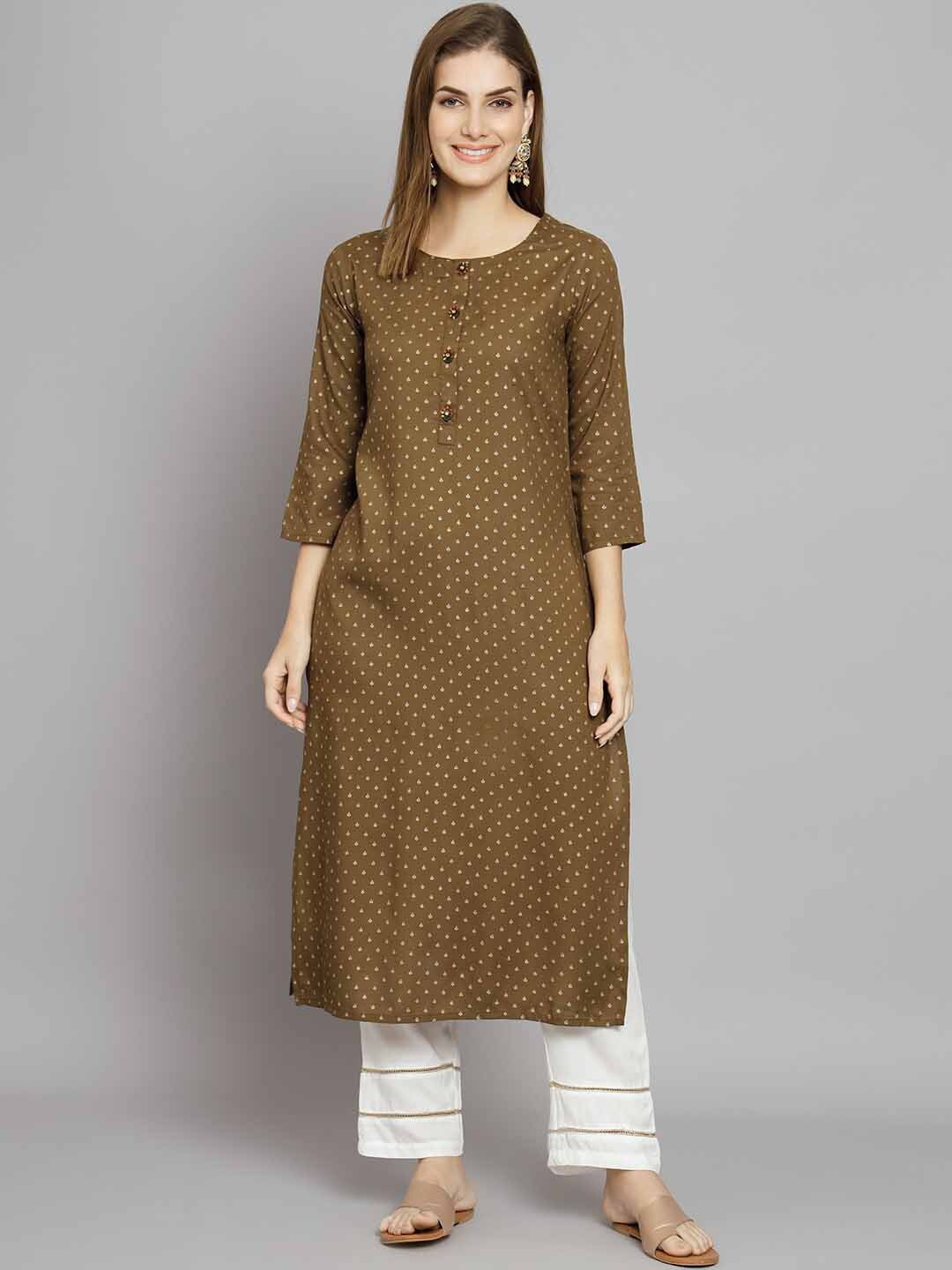 

Nehamta Ethnic Motifs Printed Regular Kurta With Trousers, Brown