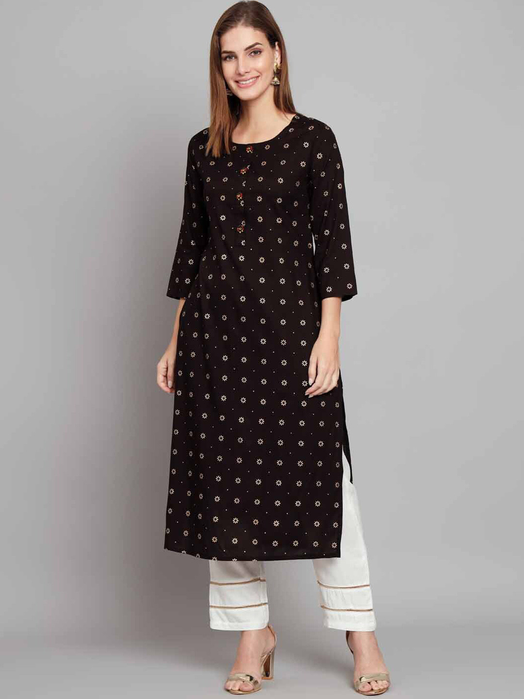 

Nehamta Floral Printed Straight Kurta with Palazzos, Burgundy
