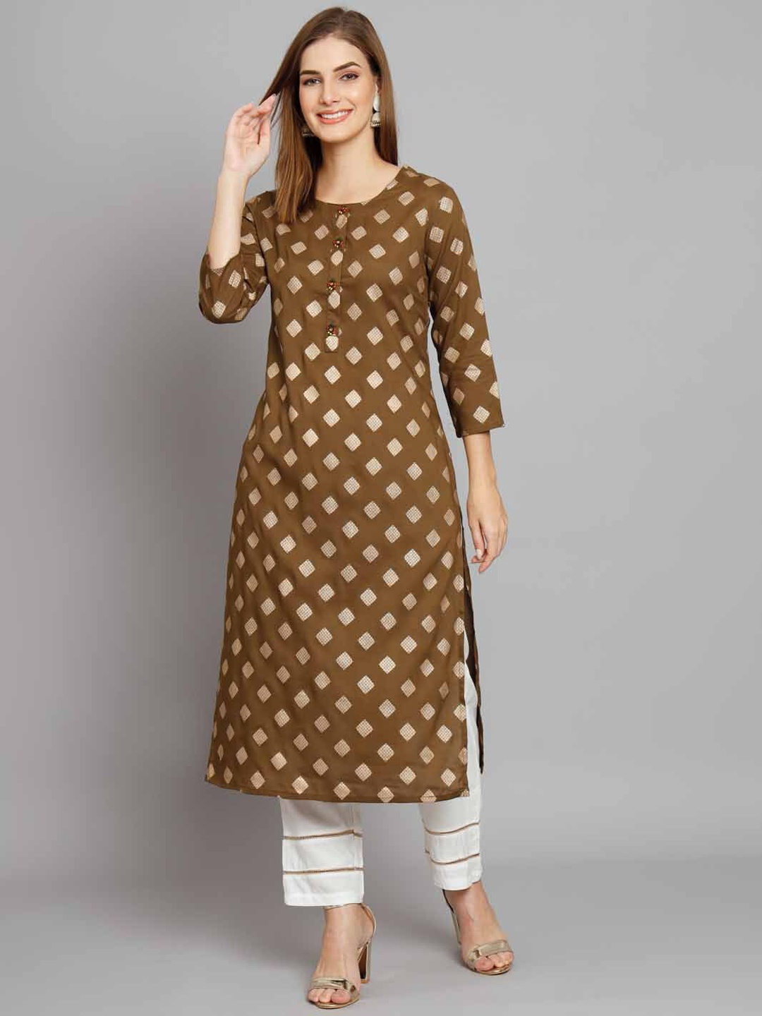 

Nehamta Ethnic Motifs Printed Straight Kurta with Palazzos, Brown