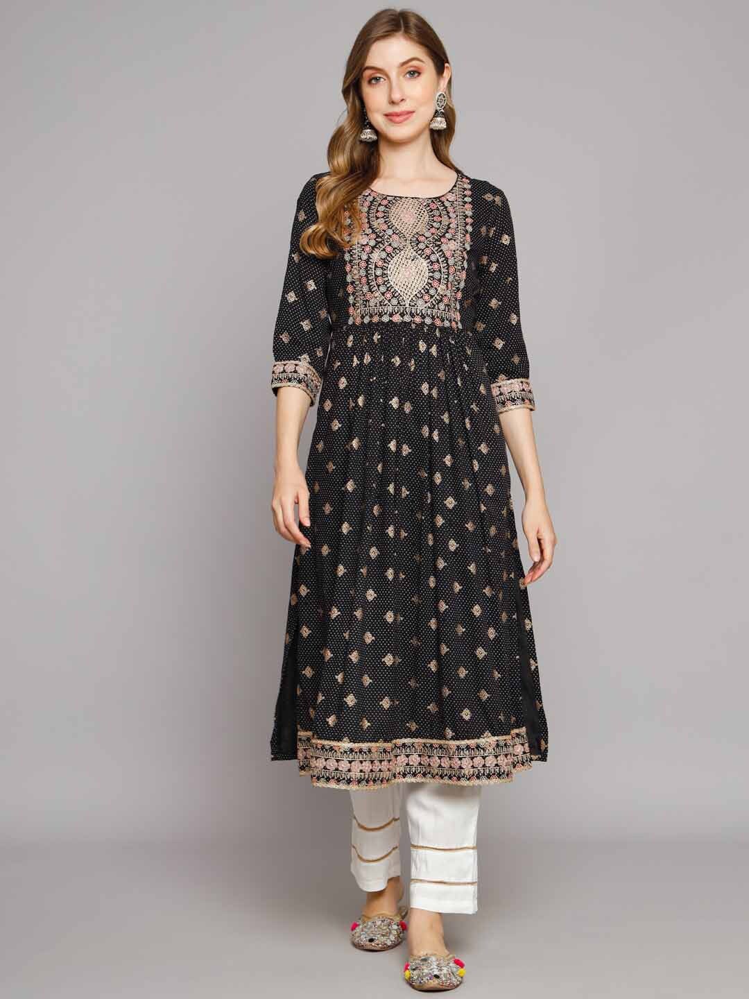 

Nehamta Ethnic Motifs Printed Regular Thread Work Kurta With Trousers, Black