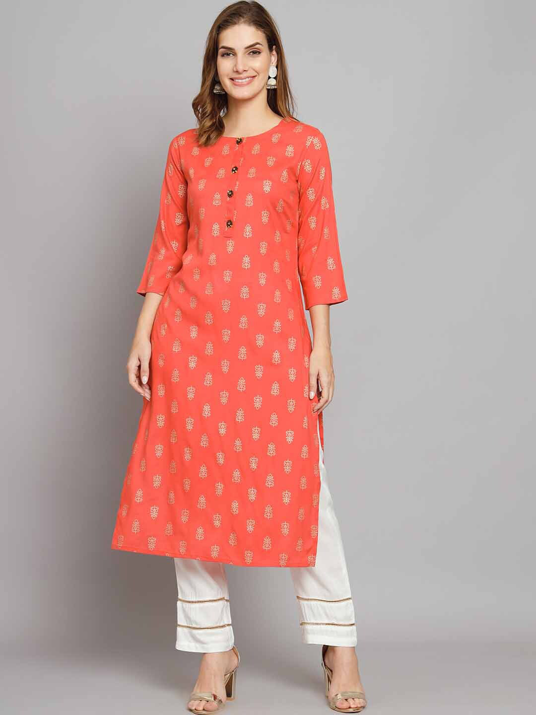 

Nehamta Floral Printed Straight Kurta with Palazzos, Coral