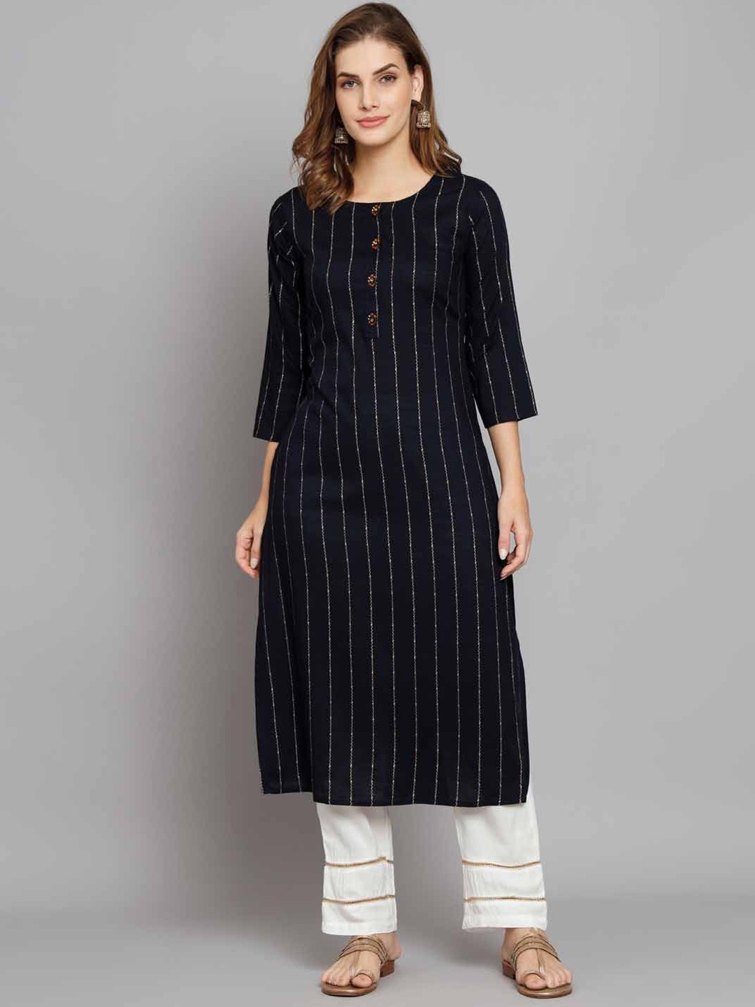 

Nehamta Striped Regular Kurta With Trousers, Navy blue
