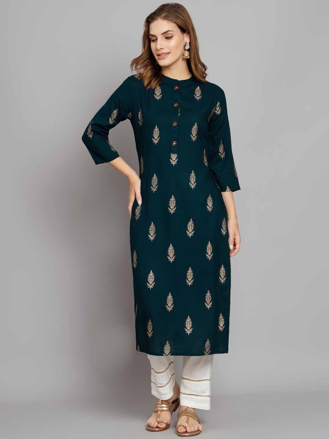 

Nehamta Floral Printed Straight Kurta with Palazzos, Teal