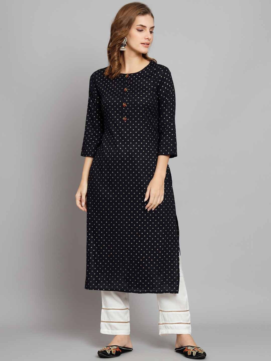 

Nehamta Ethnic Motifs Printed Straight Kurta with Palazzos, Navy blue