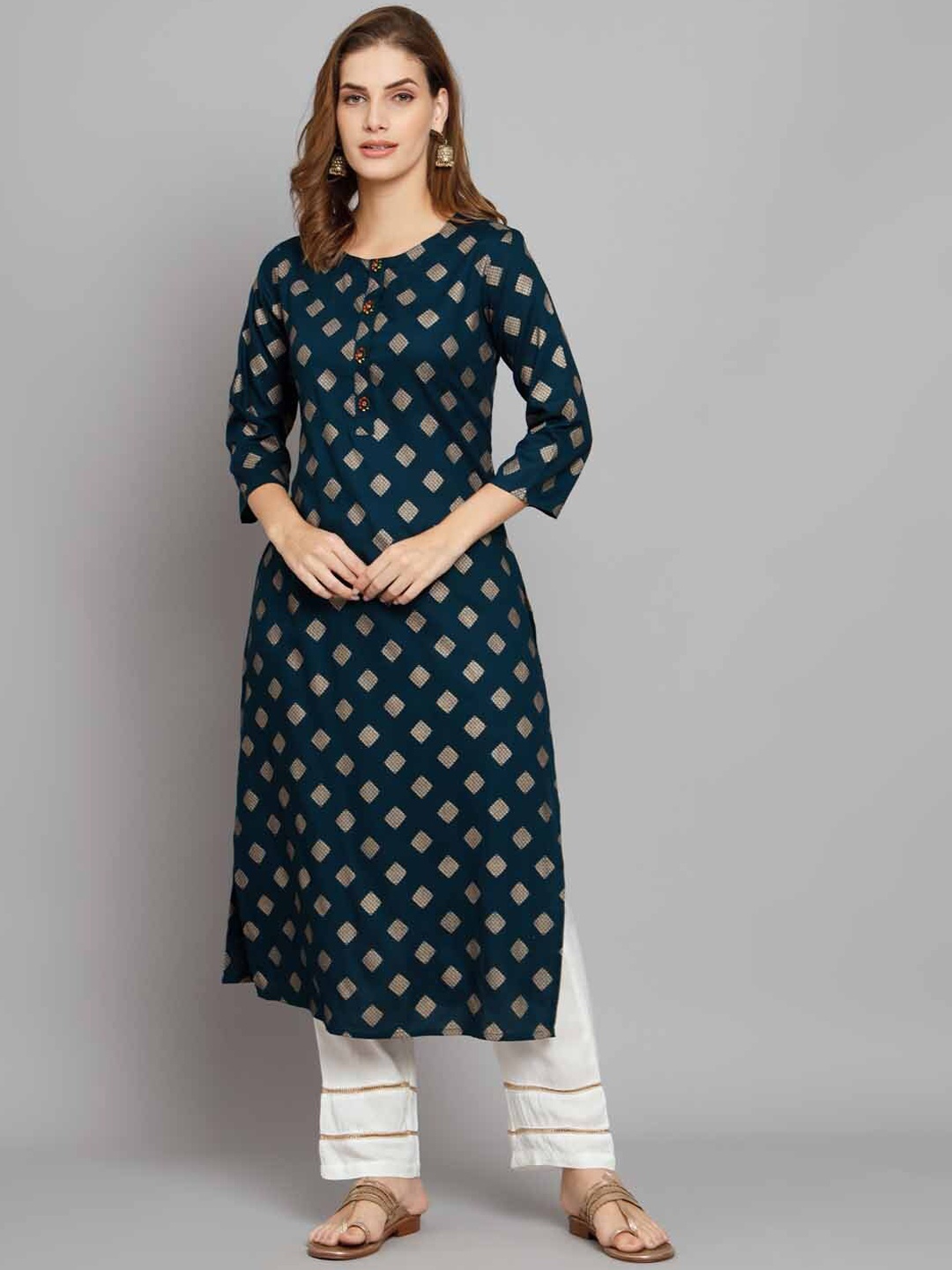 

Nehamta Geometric Printed Regular Kurta With Palazzos, Teal