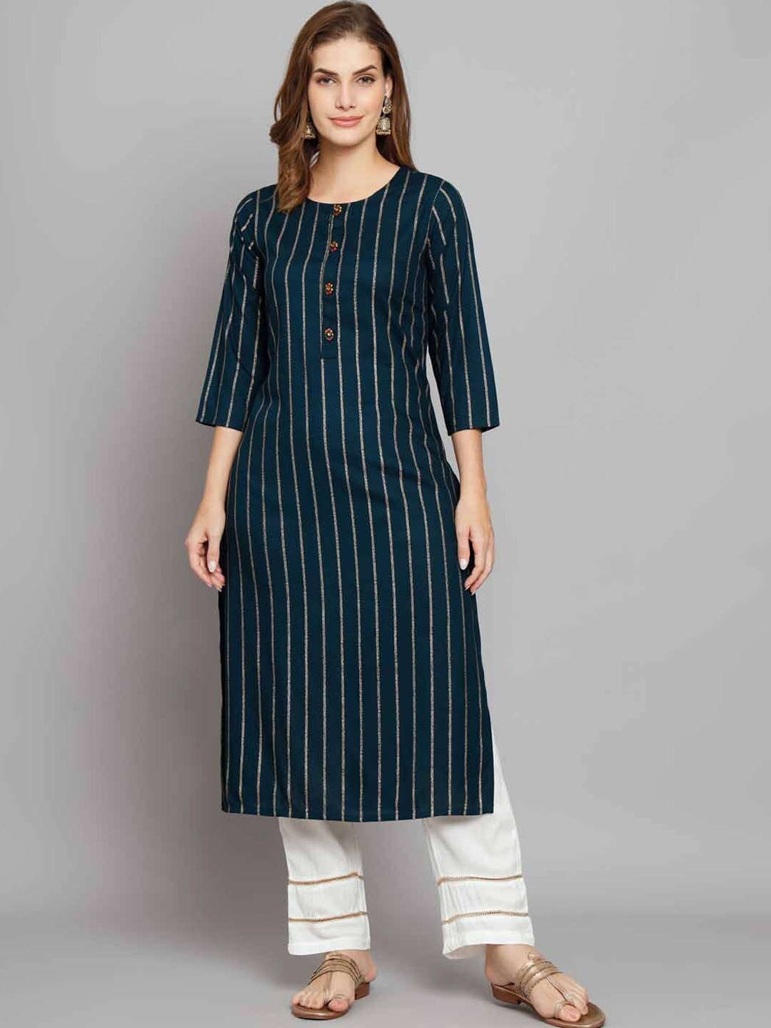 

Nehamta Striped Straight Kurta with Palazzos, Teal