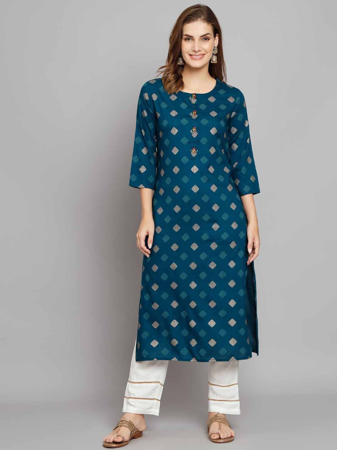 

Nehamta Geometric Printed Regular Kurta With Palazzos, Teal