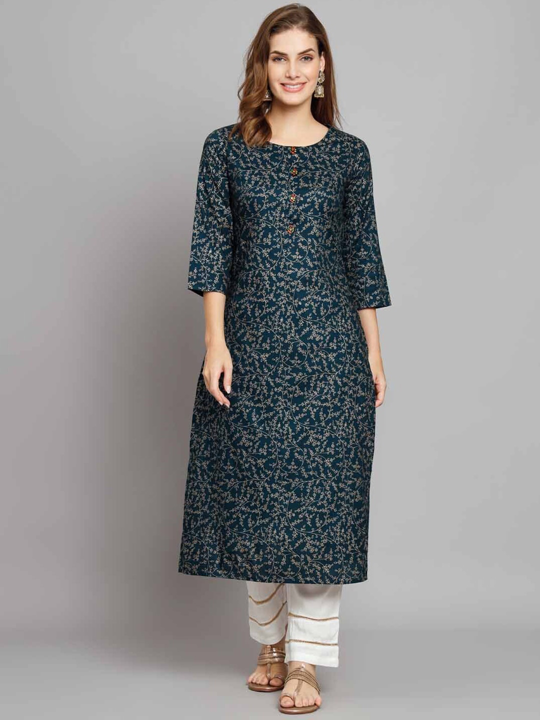 

Nehamta Floral Printed Regular Kurta With Palazzos, Teal