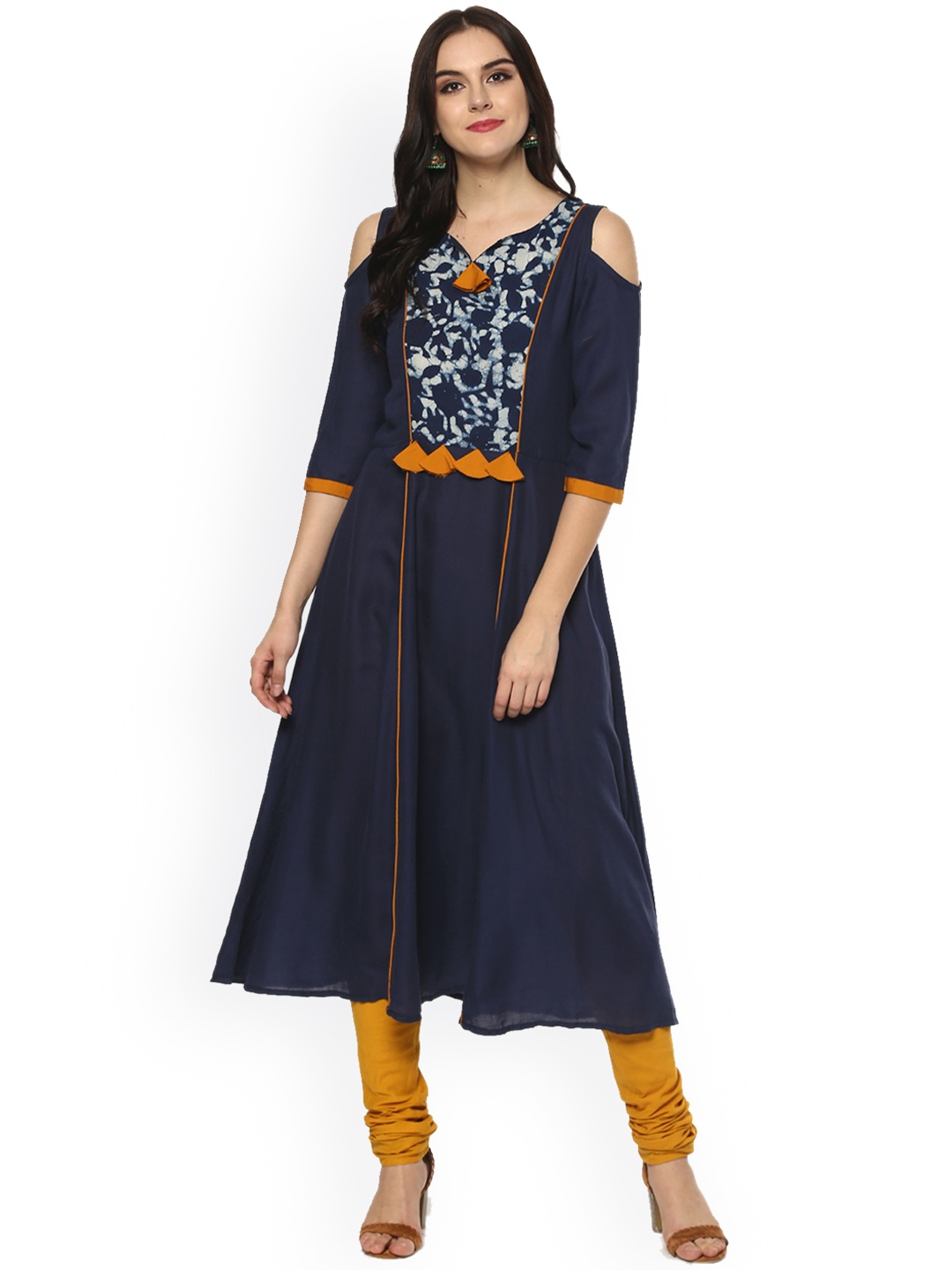 

Pannkh Women Navy Solid Anarkali Cold Shoulder Kurta, Navy blue