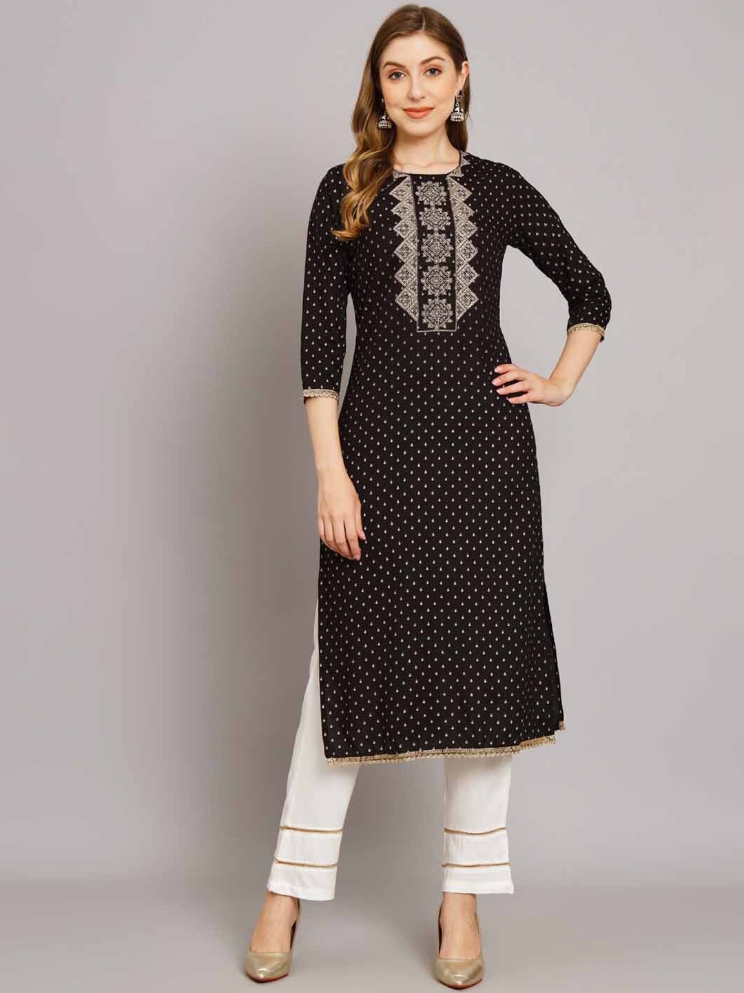 

Nehamta Ethnic Motifs Printed Zari Kurta with Palazzos, Black