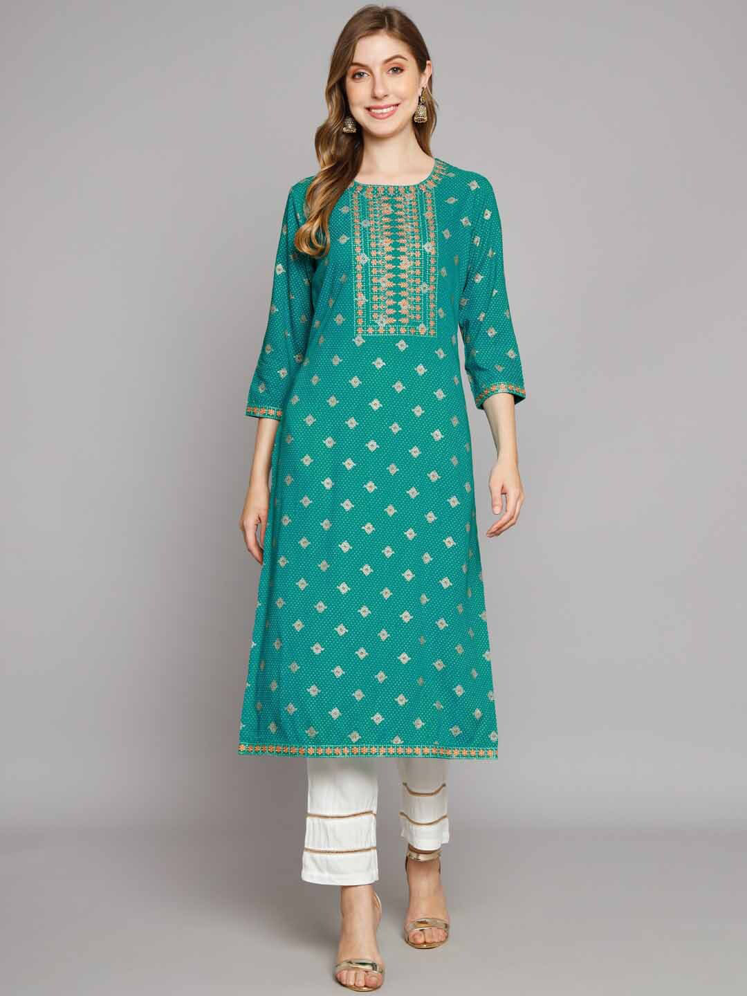 

Nehamta Ethnic Motifs Printed Regular Thread Work Kurta With Trousers, Turquoise blue