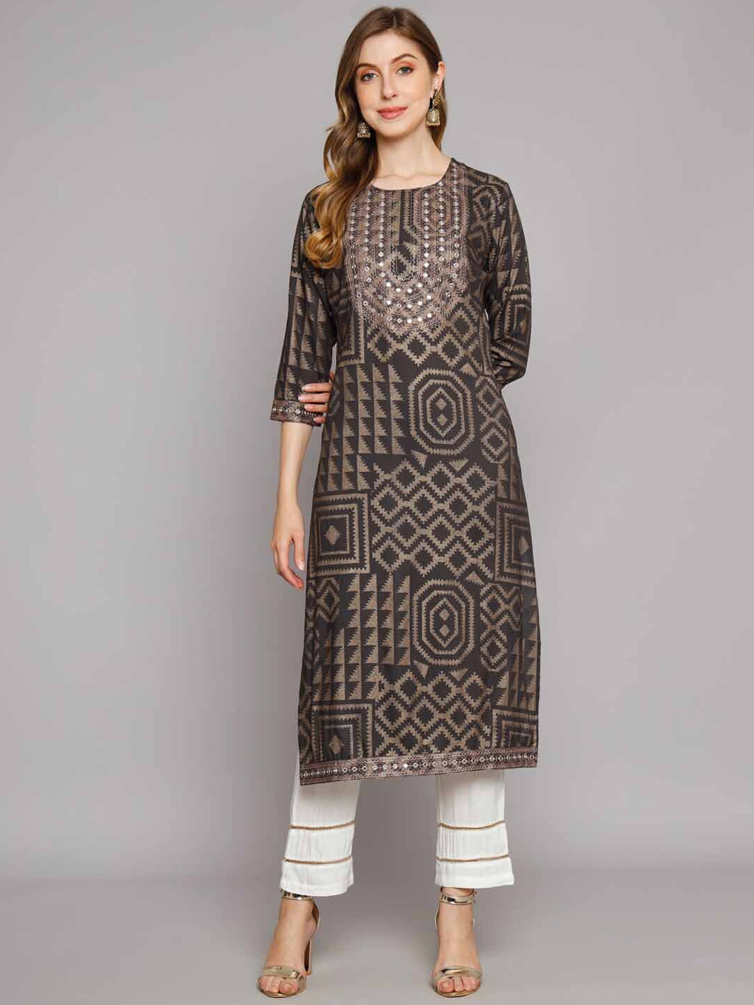 

Nehamta Geometric Printed Regular Mirror Work Kurta With Trousers, Grey