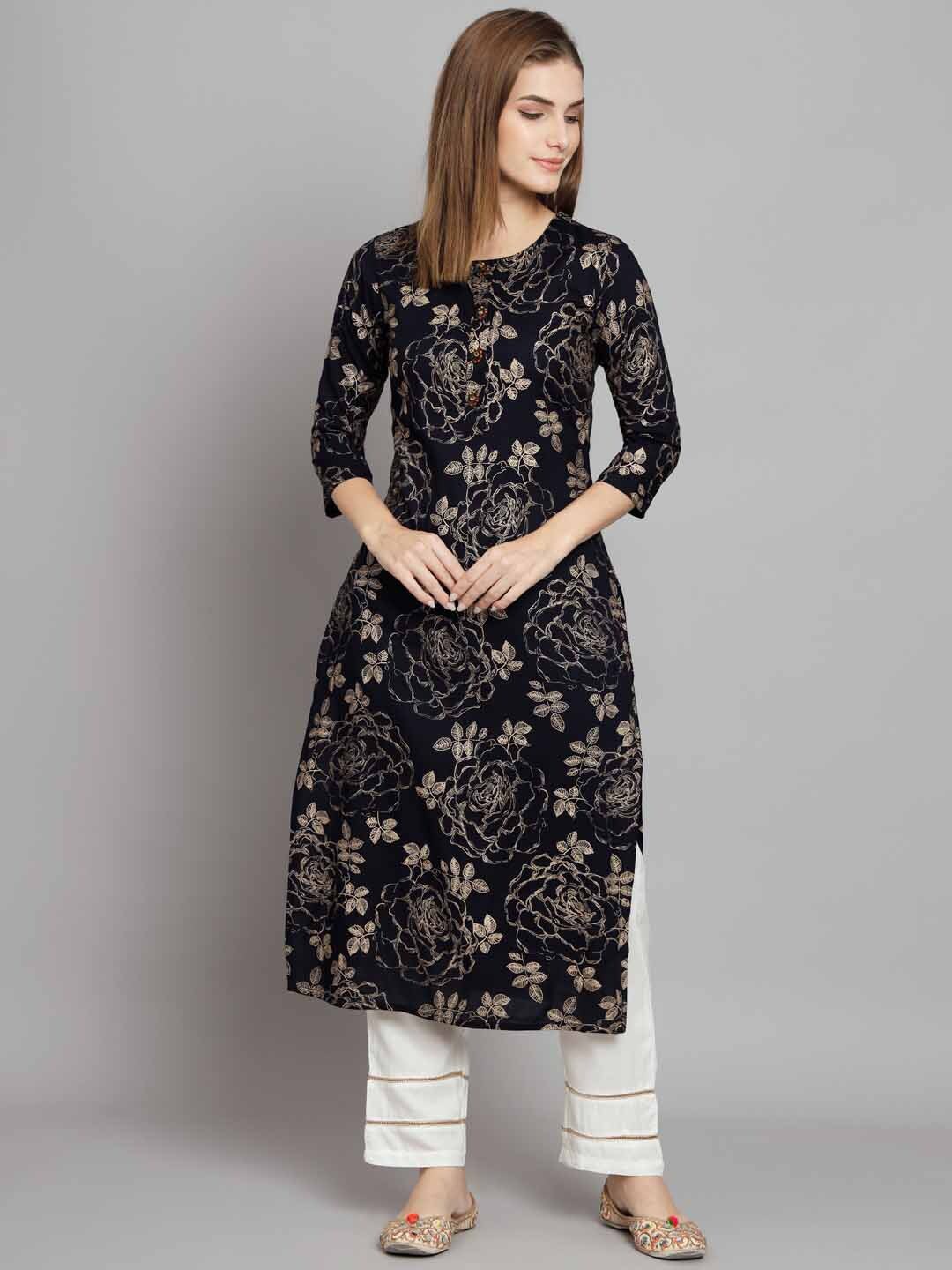 

Nehamta Floral Printed Straight Kurta with Palazzos, Navy blue