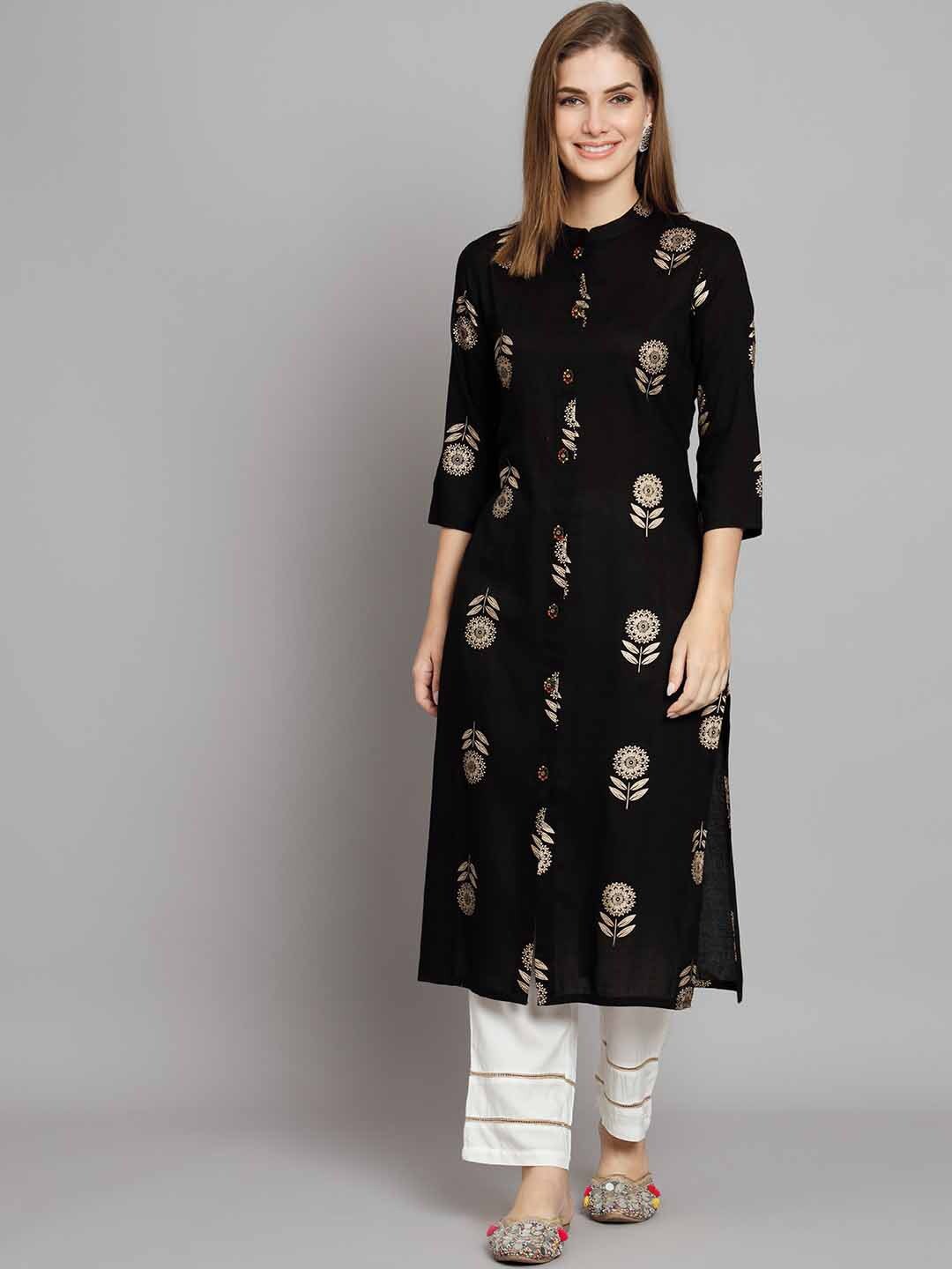 

Nehamta Floral Printed Straight Kurta with Trousers, Black