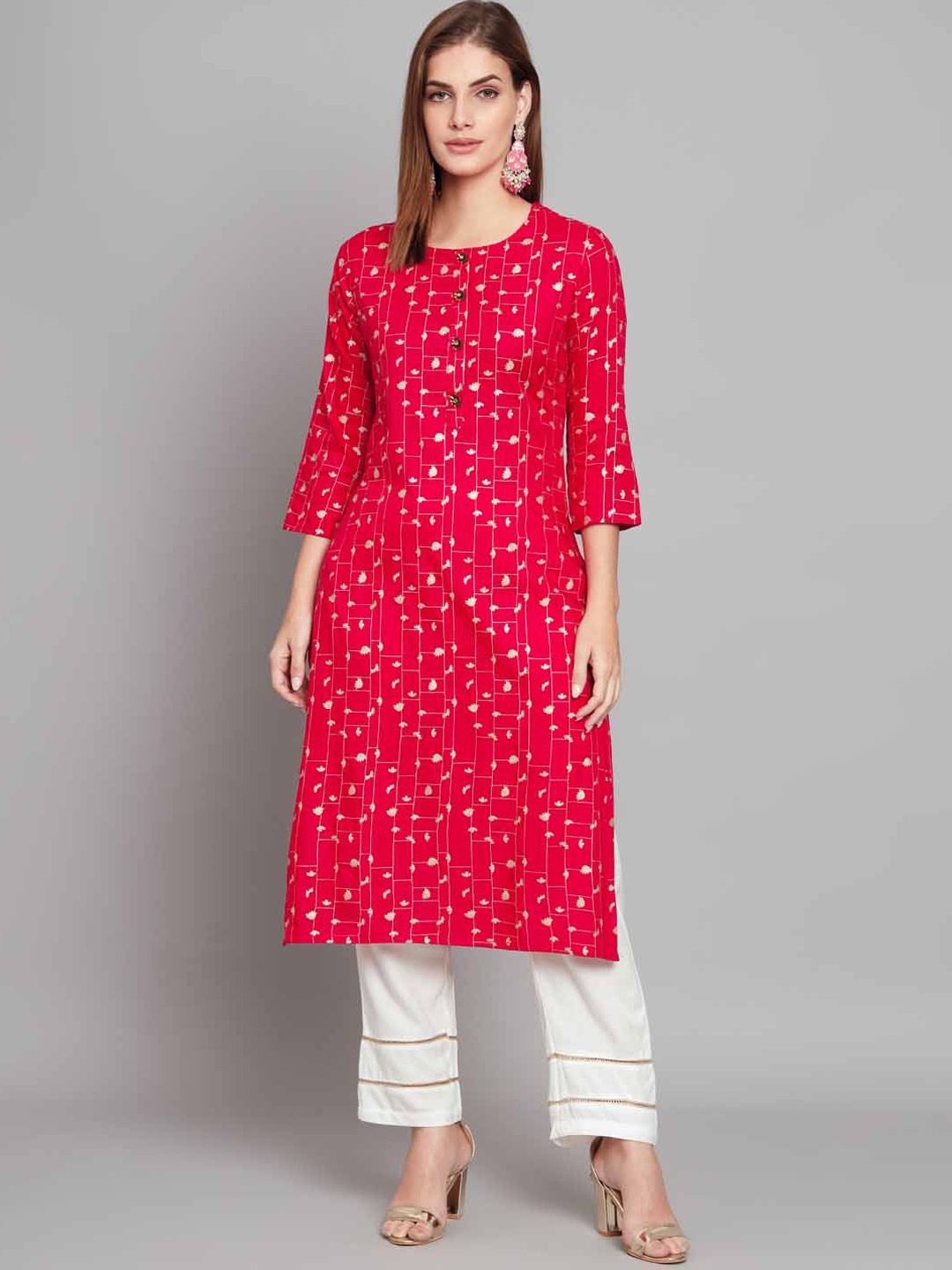 

Nehamta Floral Printed Straight Kurta with Palazzos, Red