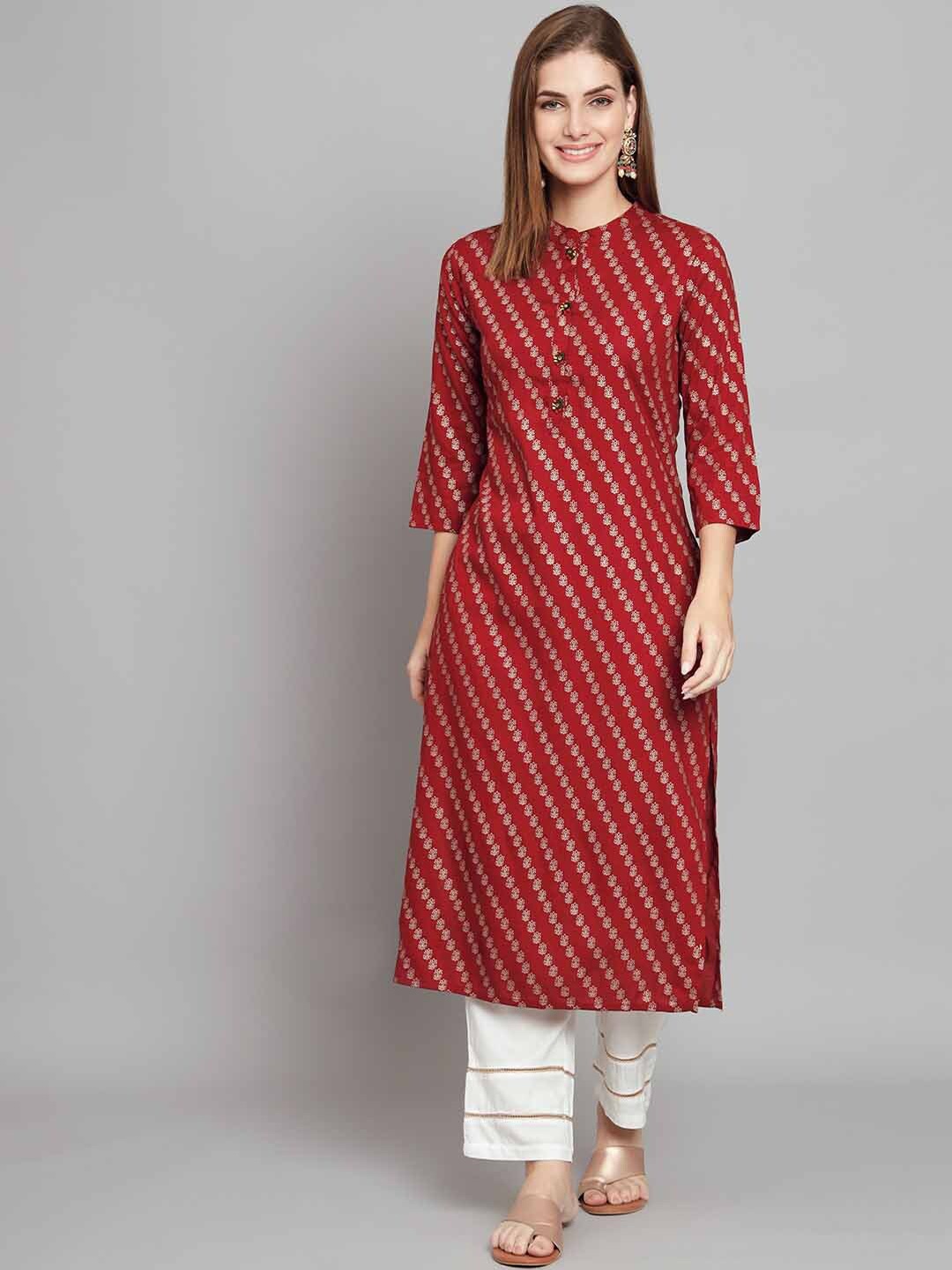 

Nehamta Floral Printed Band Collar Straight Kurta With Palazzos, Maroon