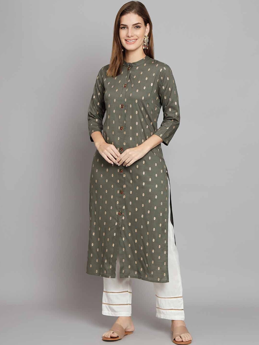 

Nehamta Geometric Printed Straight Kurta with Palazzos, Green