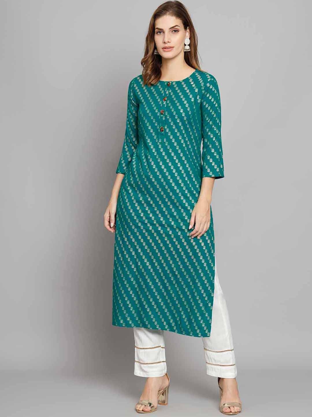 

Nehamta Floral Printed Straight Kurta with Trousers, Teal