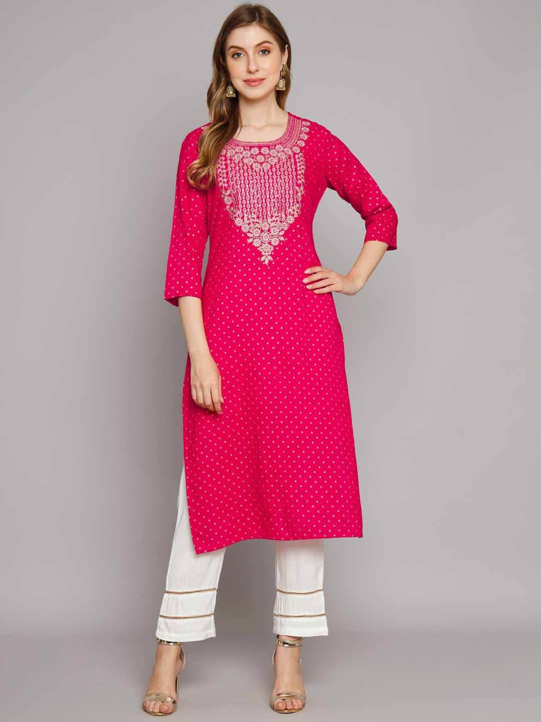 

Nehamta Ethnic Motifs Printed Thread Work Kurta with Palazzos, Pink