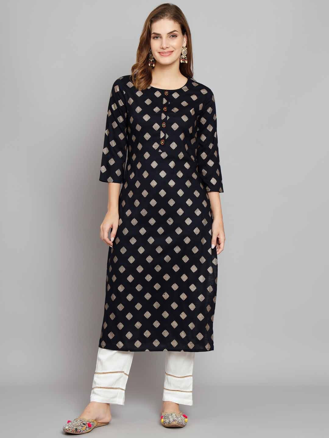 

Nehamta Ethnic Motifs Printed Straight Kurta with Palazzos, Navy blue