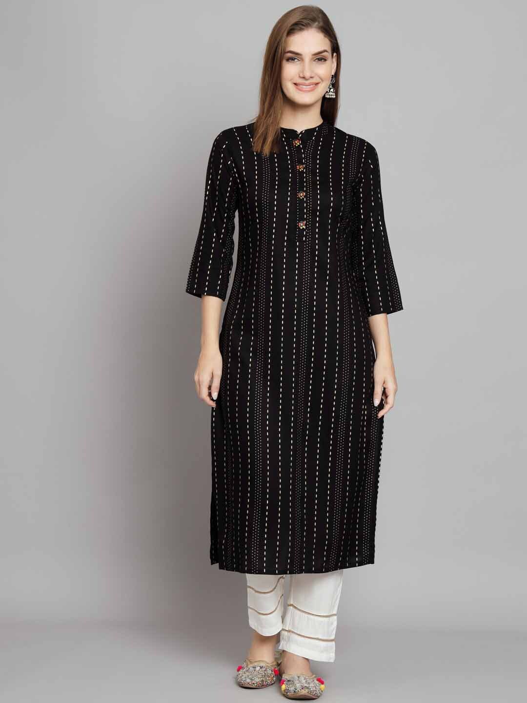 

Nehamta Mandarin Collar Striped Straight Kurta with Trousers, Black