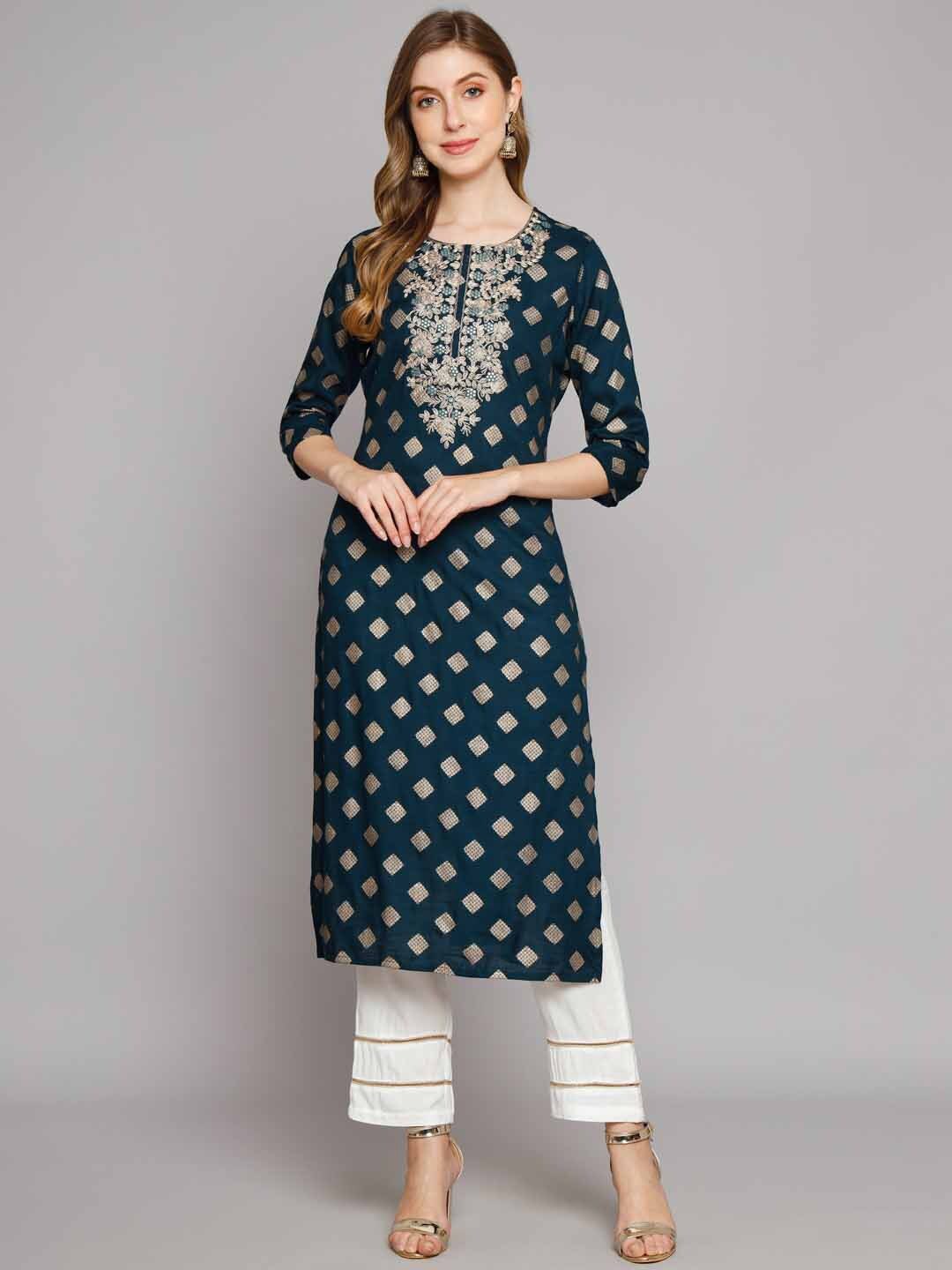 

Nehamta Ethnic Motifs Printed Mirror Work Kurta with Palazzos, Teal