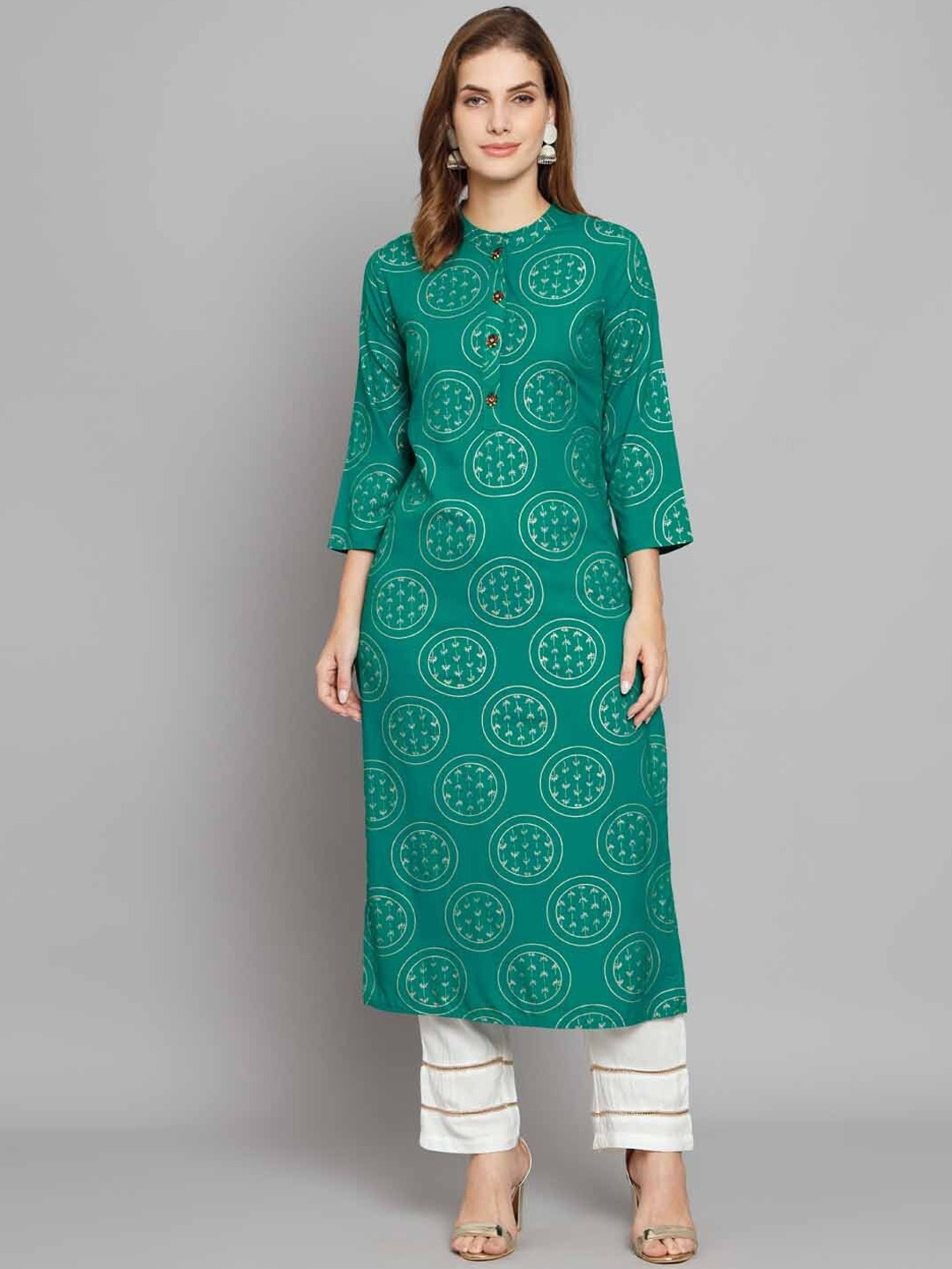 

Nehamta Ethnic Motifs Printed Straight Kurta with Palazzos, Green