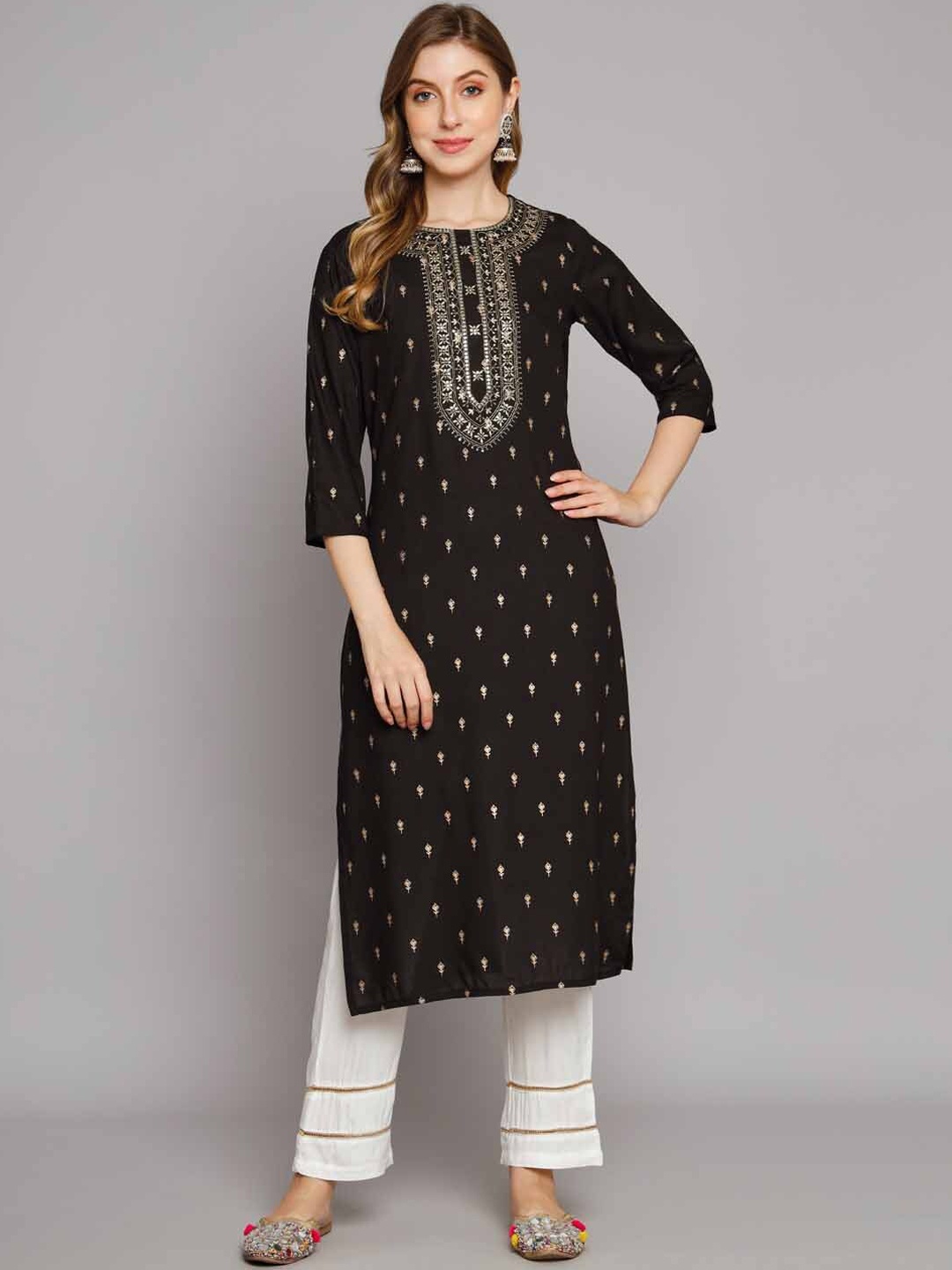 

Nehamta Floral Printed Thread Work Kurta with Palazzos, Coffee brown