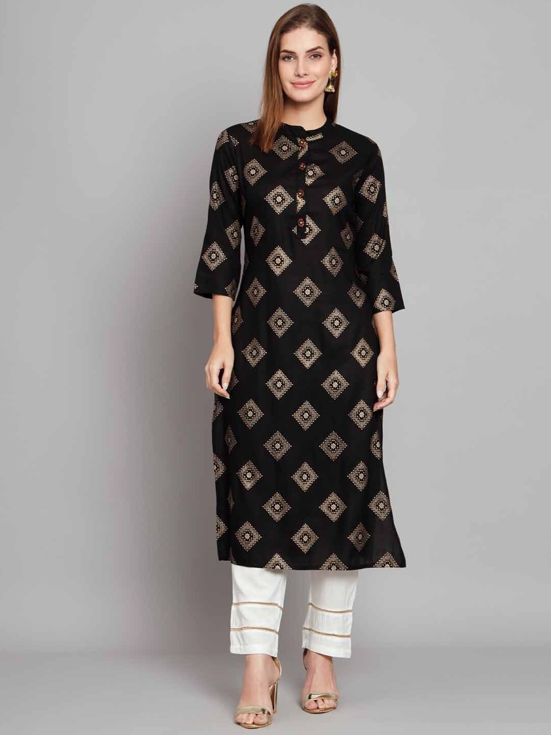 

Nehamta Ethnic Motifs Printed Straight Kurta with Palazzos, Black