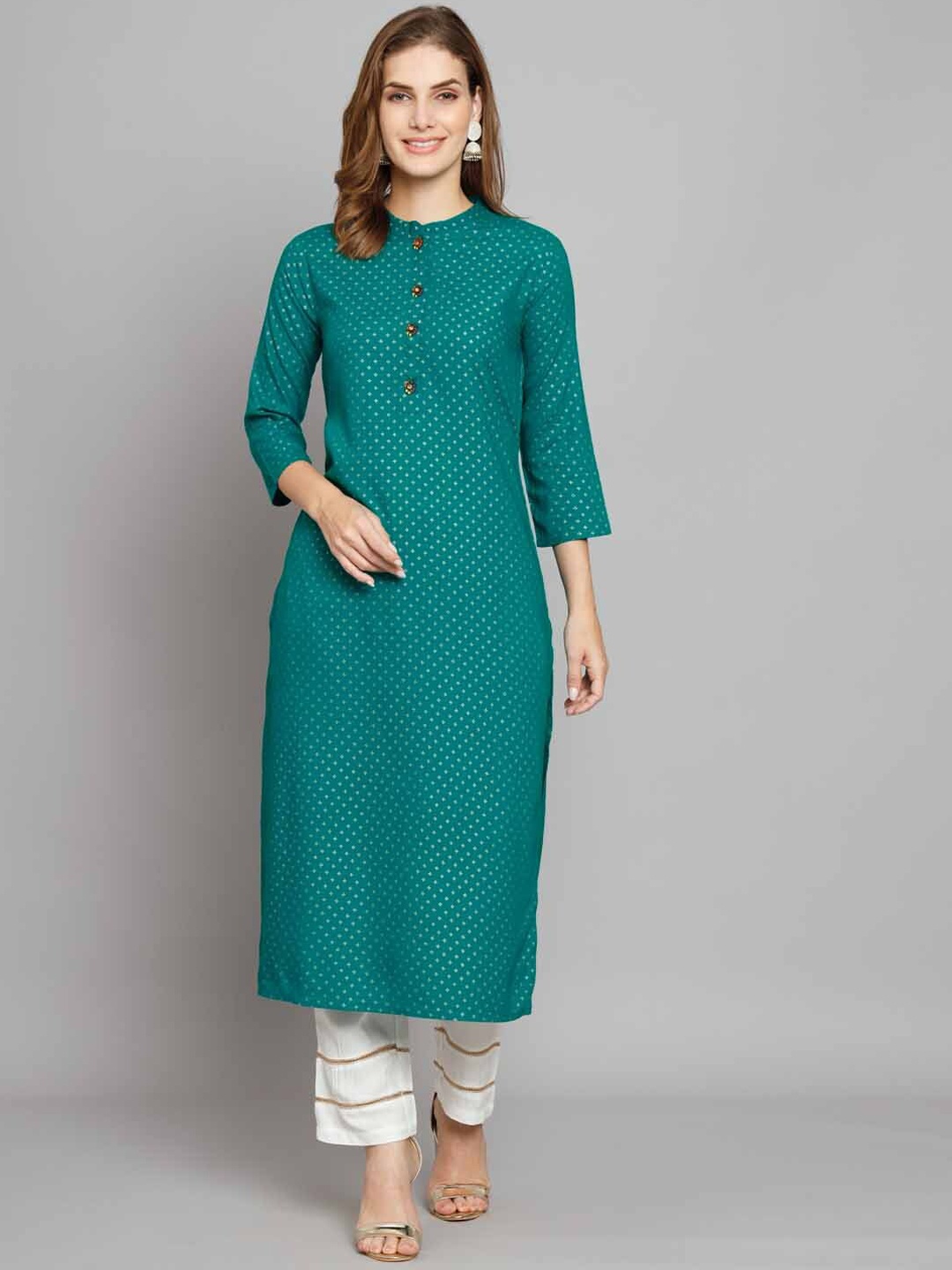 

Nehamta Ethnic Motifs Printed Straight Kurta with Palazzos, Teal