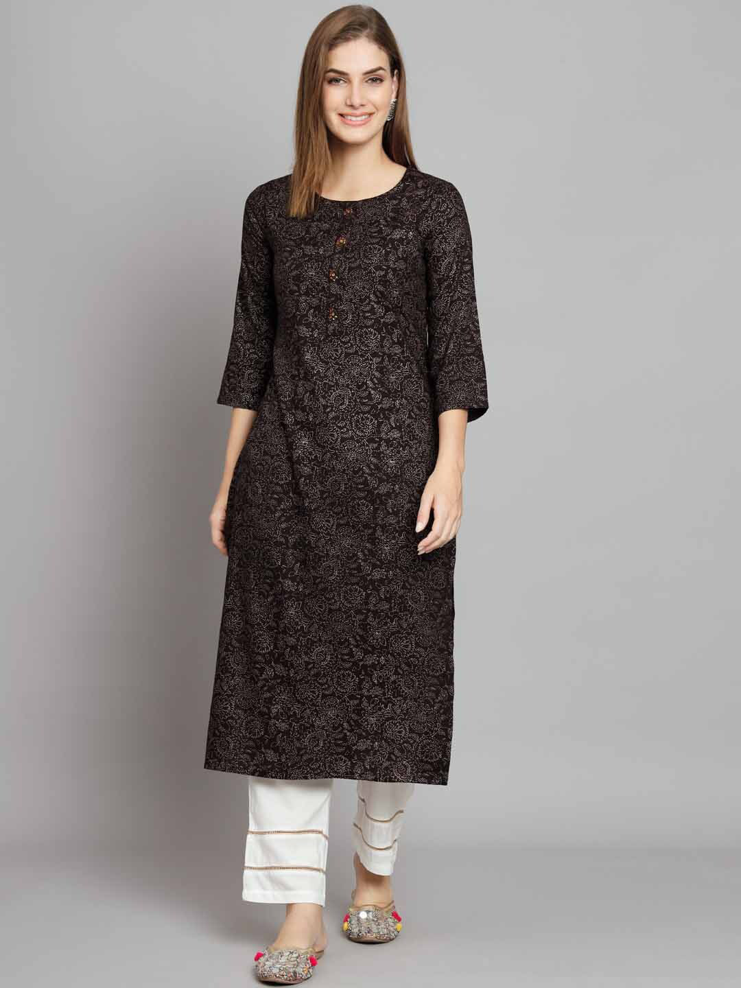 

Nehamta Floral Printed Straight Kurta with Palazzos, Coffee brown