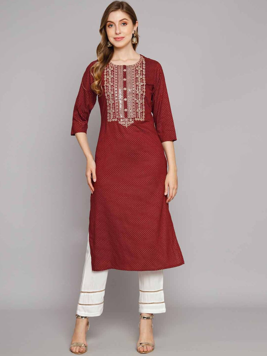 

Nehamta Ethnic Motifs Embroidered Sequined Kurta with Palazzos, Maroon