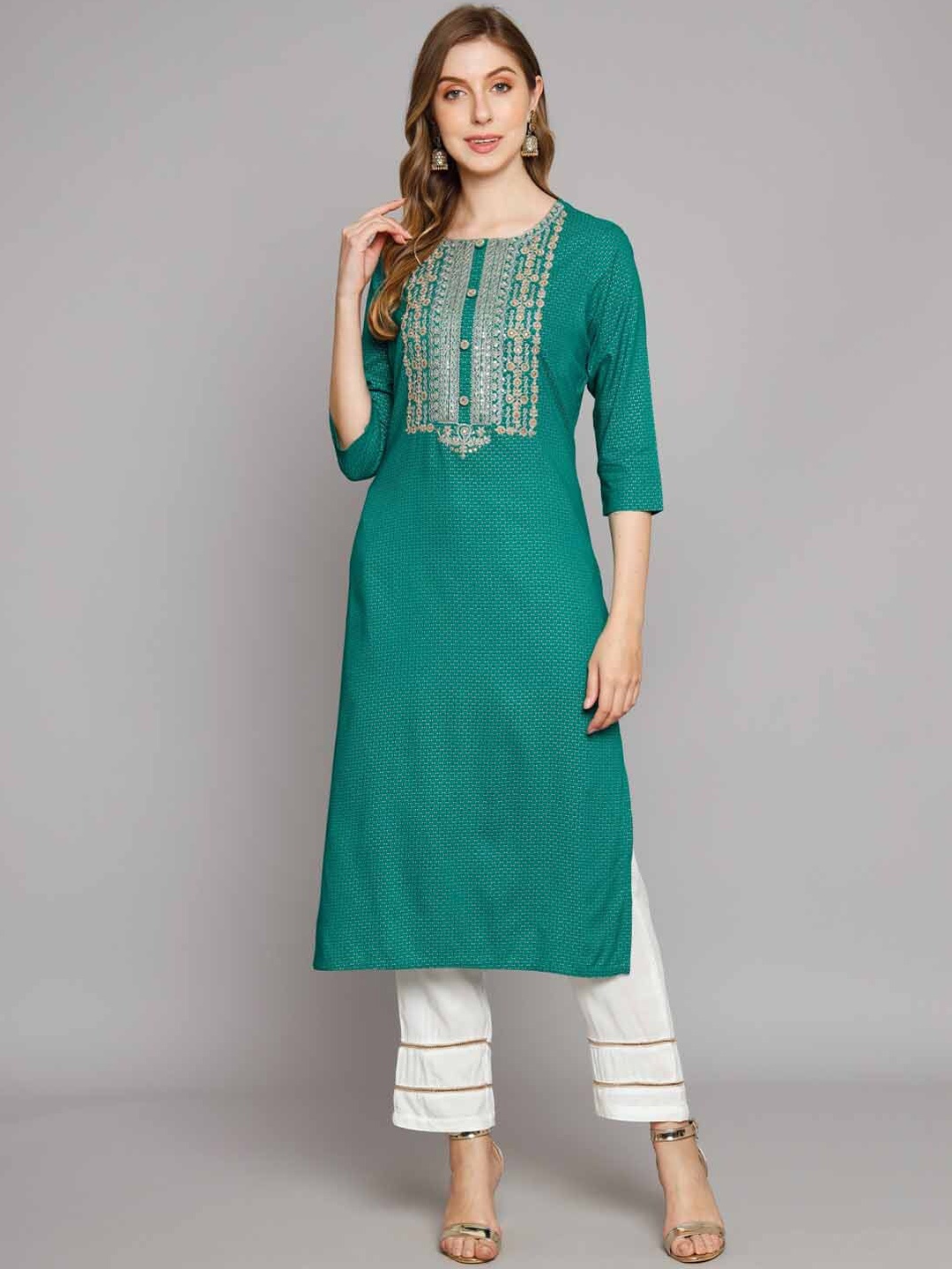 

Nehamta Floral Embroidered Sequined Kurta with Palazzos, Teal